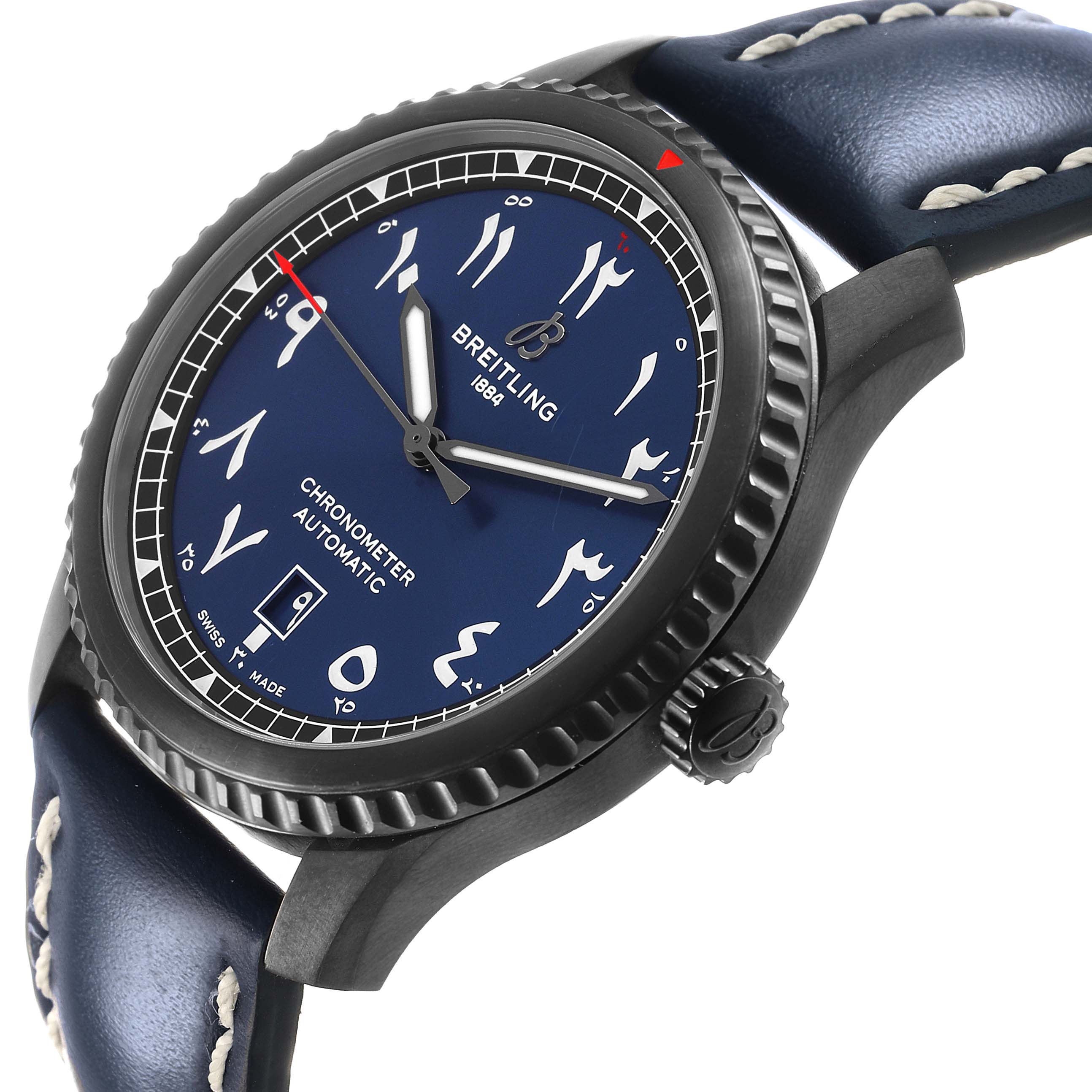 The Breitling Aviator A17315 Men's Stainless Steel Blue Dial watch is shown from an angled side view, highlighting the blue dial, bezel, and leather strap.