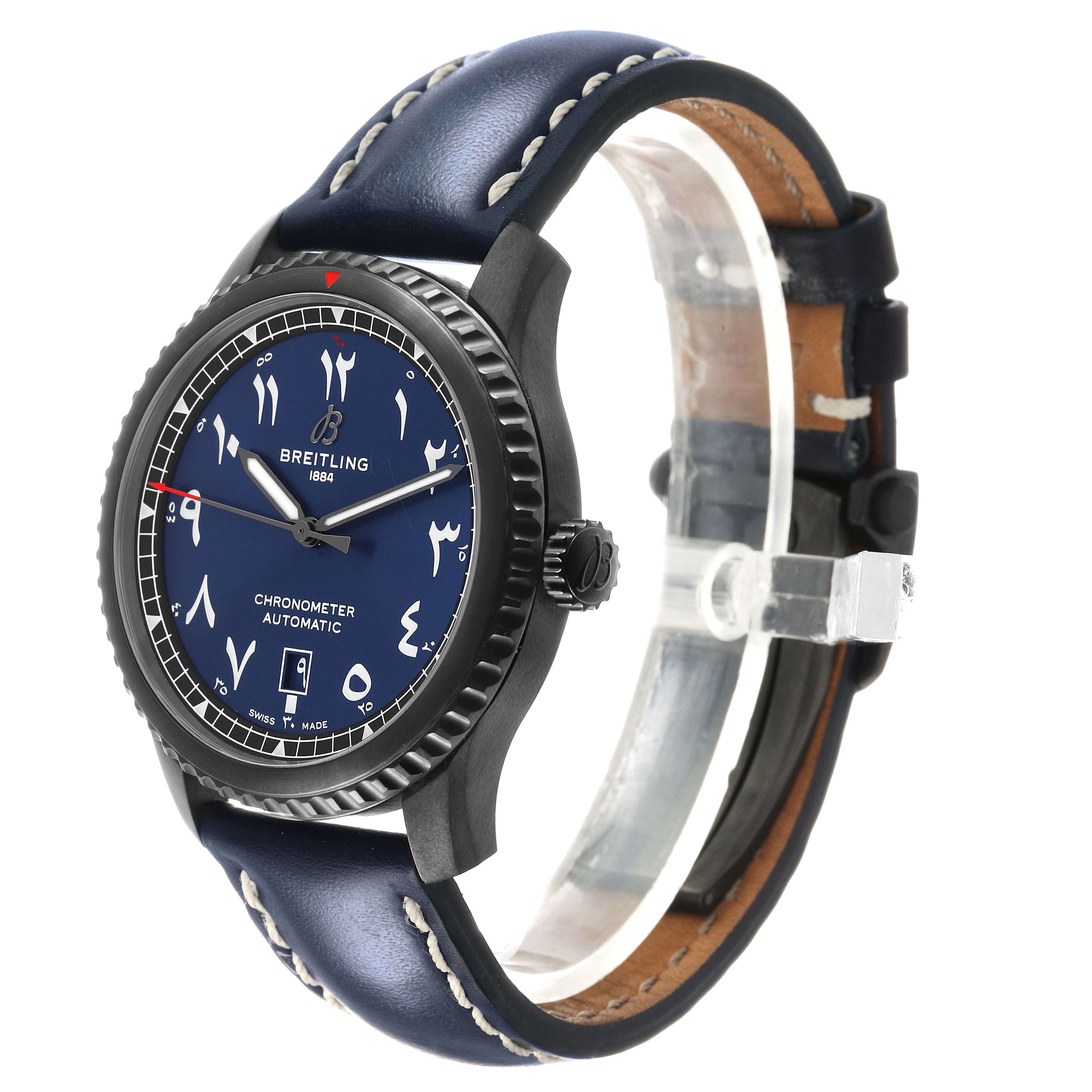The Breitling Aviator A17315 Men's Stainless Steel Blue Dial watch is shown at a three-quarter angle, displaying the face, bezel, and leather strap.