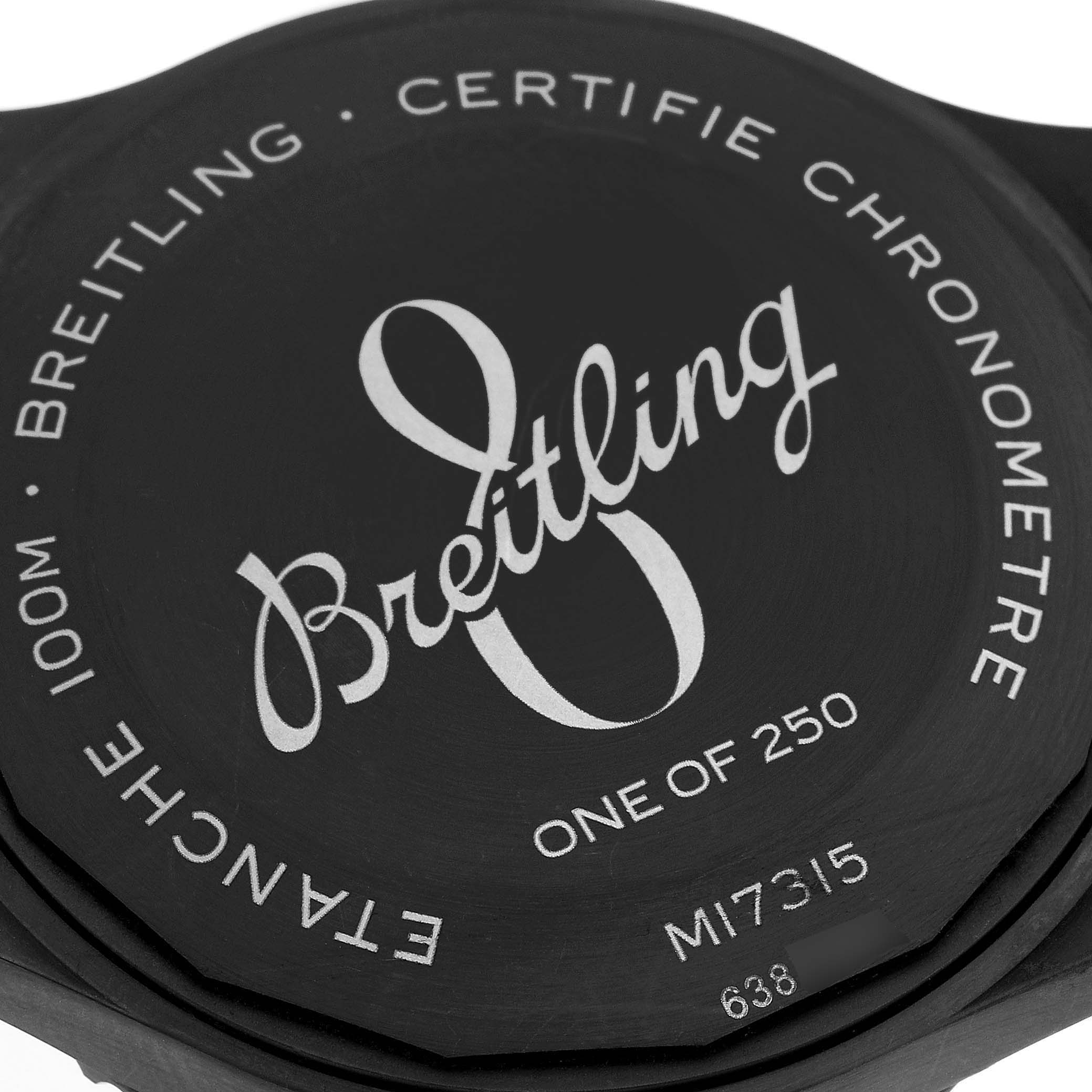 The image shows the back case of a Breitling Aviator A17315 Men's Stainless Steel Blue Dial watch, highlighting branding and inscriptions.