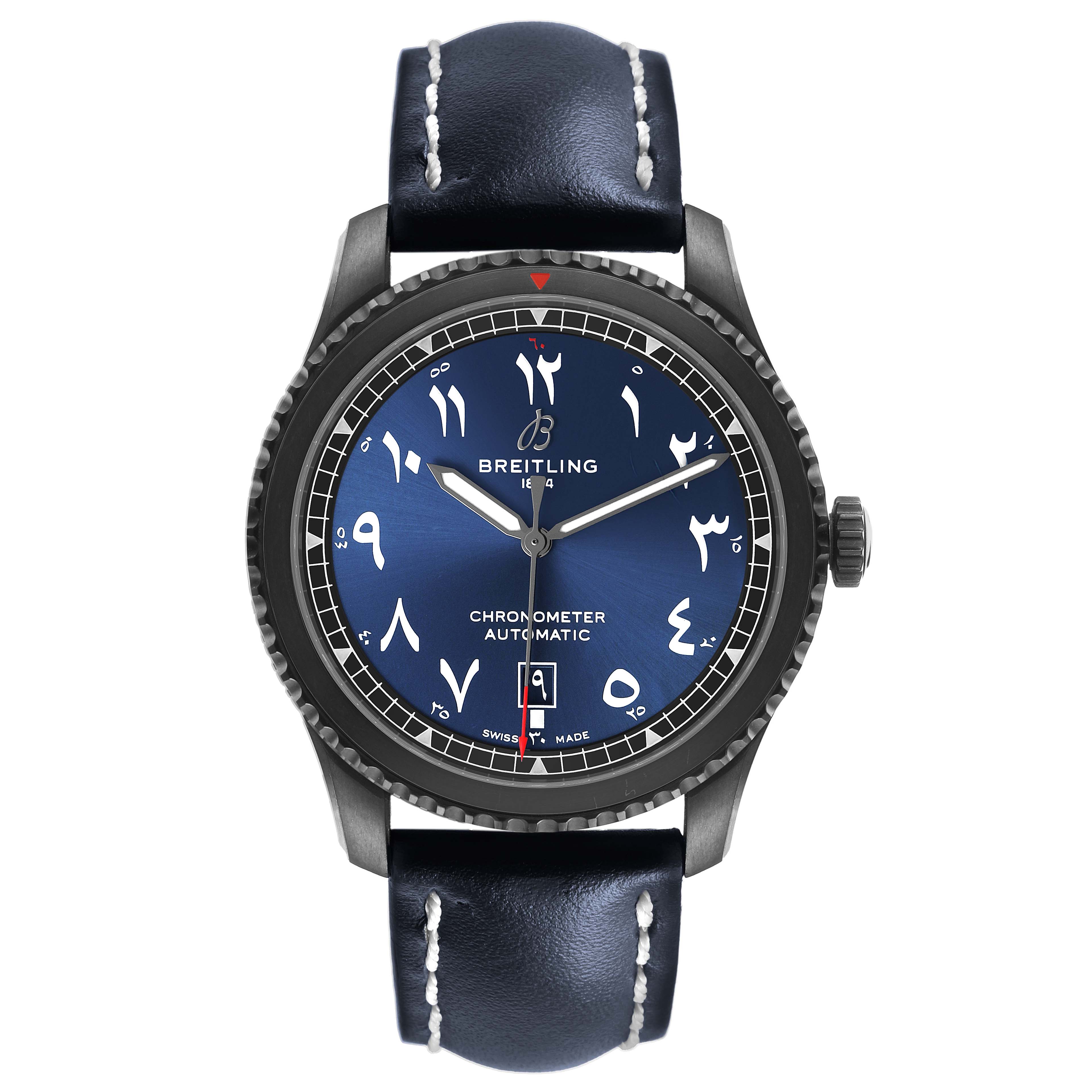 The Breitling Aviator A17315 Men's Stainless Steel Blue Dial watch is shown from the front, displaying the face, hands, numerals, bezel, and leather strap.