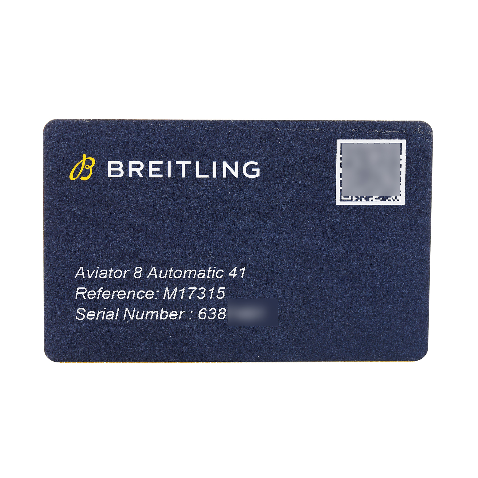 The image shows a Breitling Aviator A17315 Men's Stainless Steel Blue Dial 8 Automatic 41 card with reference and serial numbers.