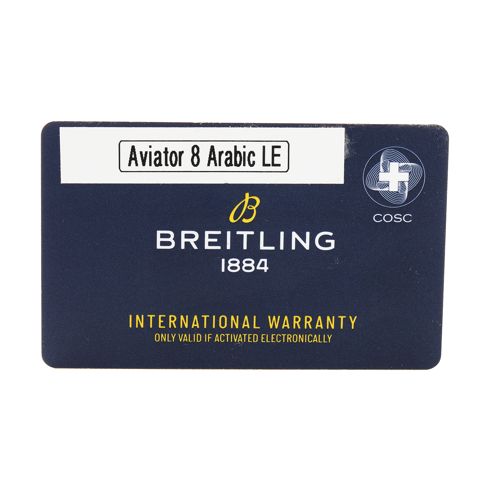 The image shows a front view of an international warranty card for the Breitling Aviator A17315 Men's Stainless Steel Blue Dial 8 model.