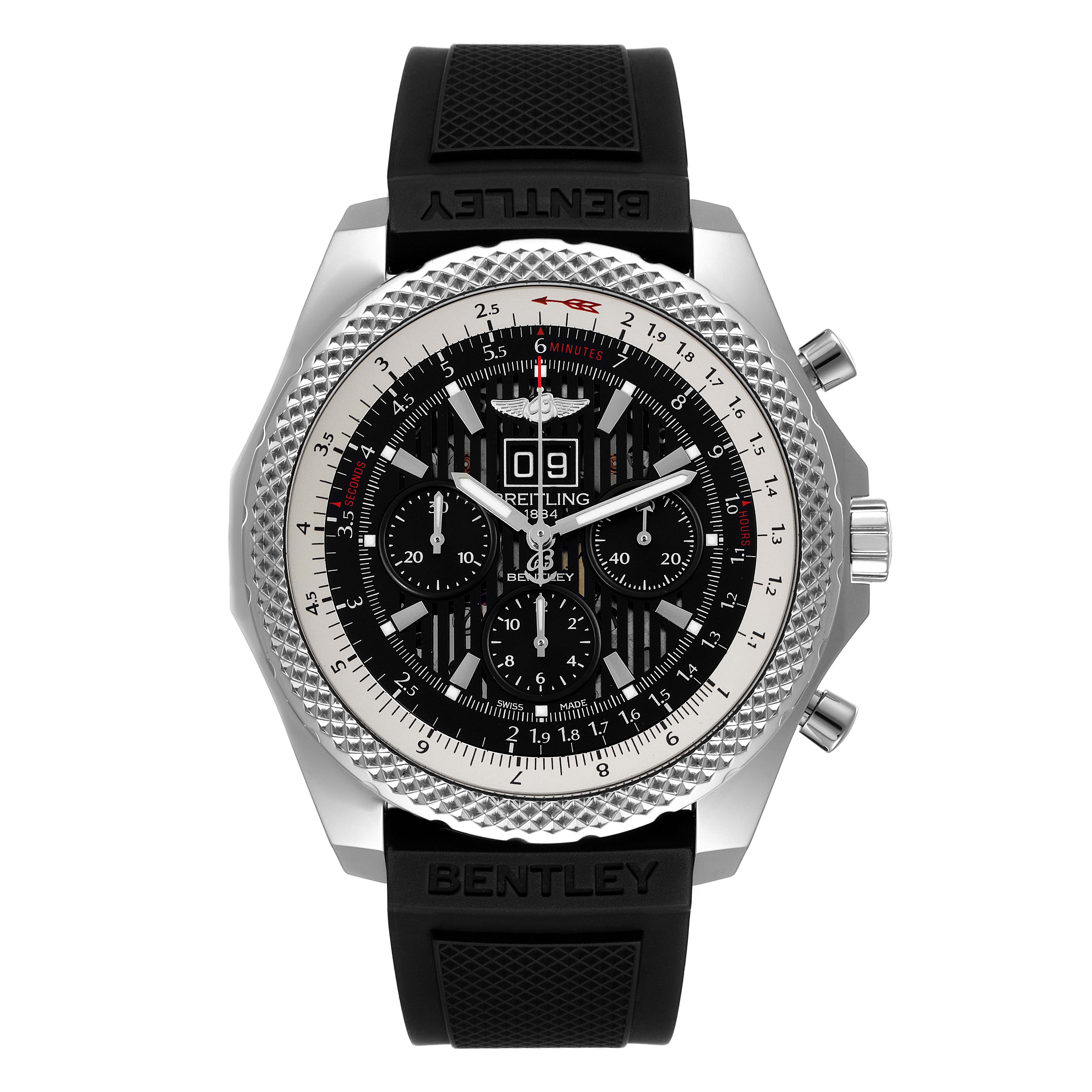 The image shows a frontal view of the Breitling Bentley A44364 Men's Stainless Steel Black Dial A44364 Men's Stainless Steel Black Dial watch, detailing the face, bezel, pushers, and rubber strap.