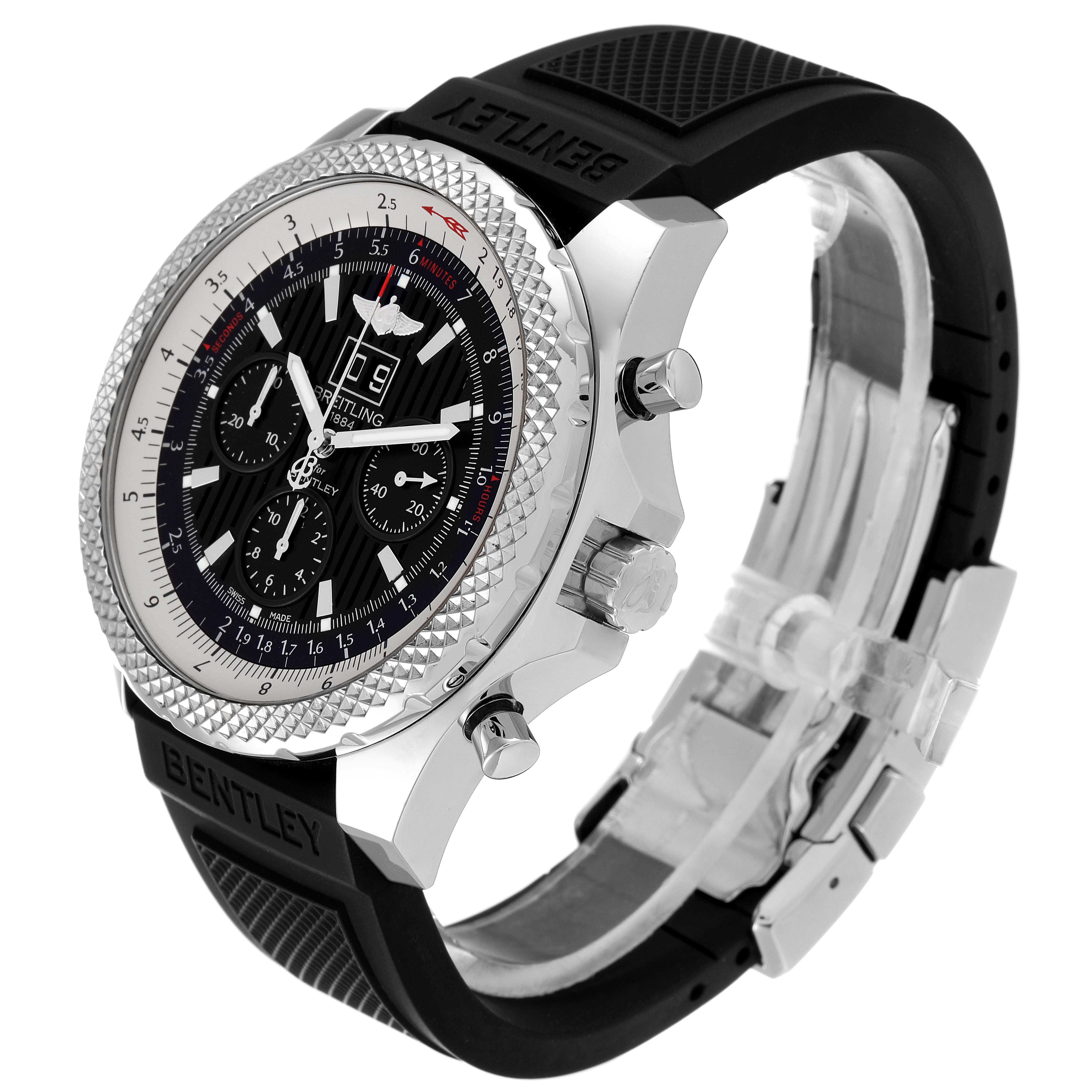 The Bentley model by Breitling is shown at an angle revealing its face, bezel, chronograph dials, and strap.
