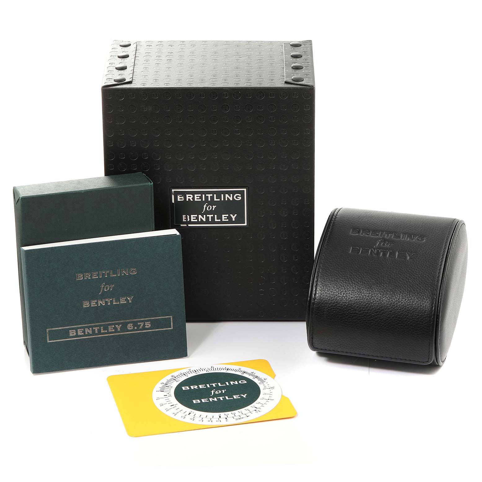 The image shows various packaging components and accessories for the Breitling Bentley A44364 Men's Stainless Steel Black Dial A44364 Men's Stainless Steel Black Dial watch model, including boxes, manuals, and a case.