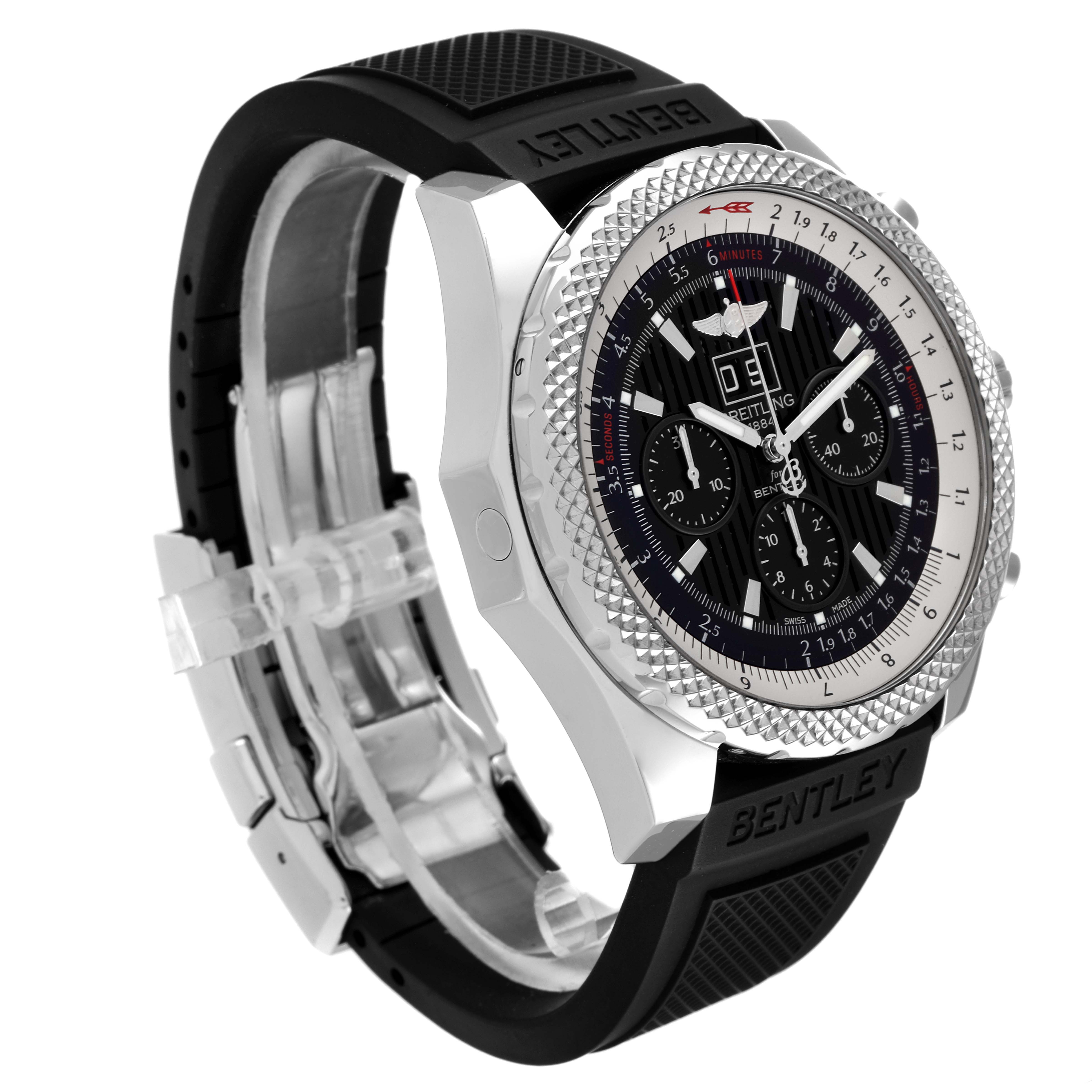 This image shows a Breitling Bentley A44364 Men's Stainless Steel Black Dial A44364 Men's Stainless Steel Black Dial watch from a three-quarter angle, highlighting the bezel, face, and black rubber strap.