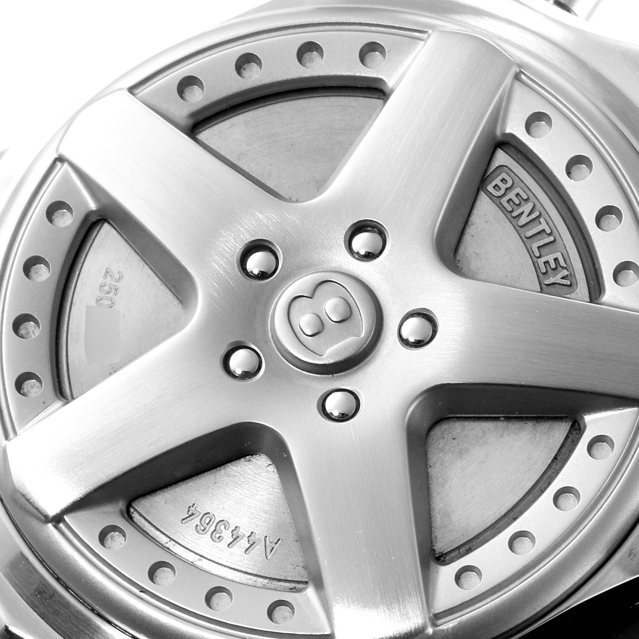 The image shows a close-up of the case back of a Breitling Bentley A44364 Men's Stainless Steel Black Dial A44364 Men's Stainless Steel Black Dial watch, highlighting the design and engravings.