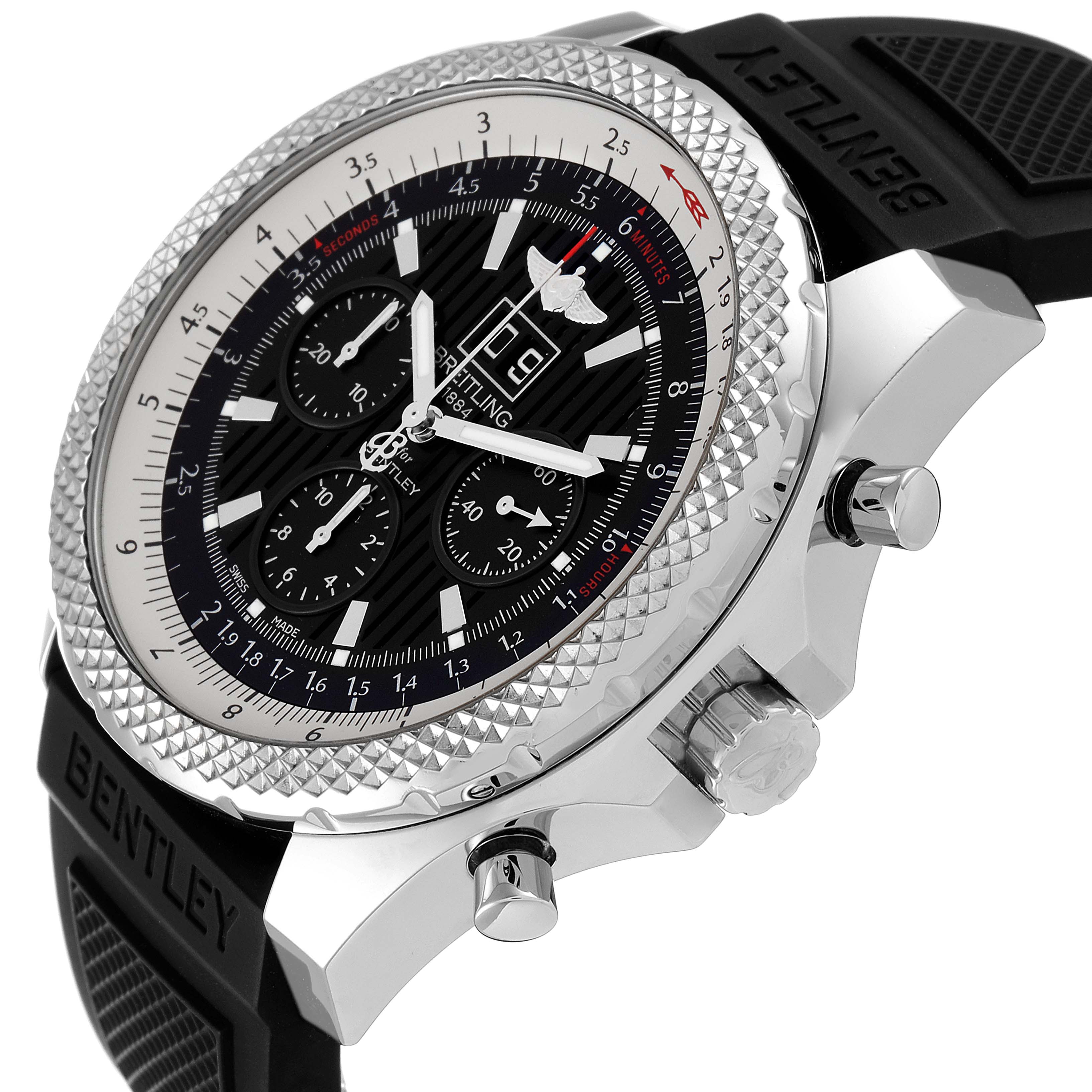 The image shows a side angle of the Breitling Bentley A44364 Men's Stainless Steel Black Dial A44364 Men's Stainless Steel Black Dial watch, highlighting the dial, bezel, crown, and chrono pushers.