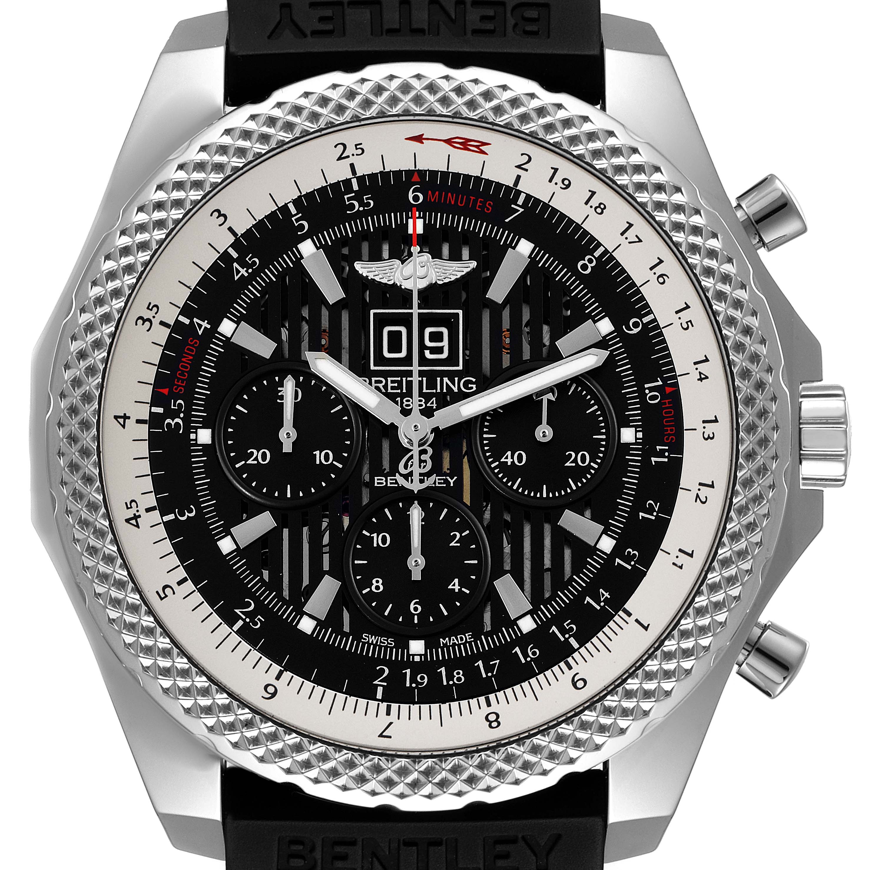 The image shows a front view of the Bentley model by Breitling, highlighting its detailed dial and bezel.