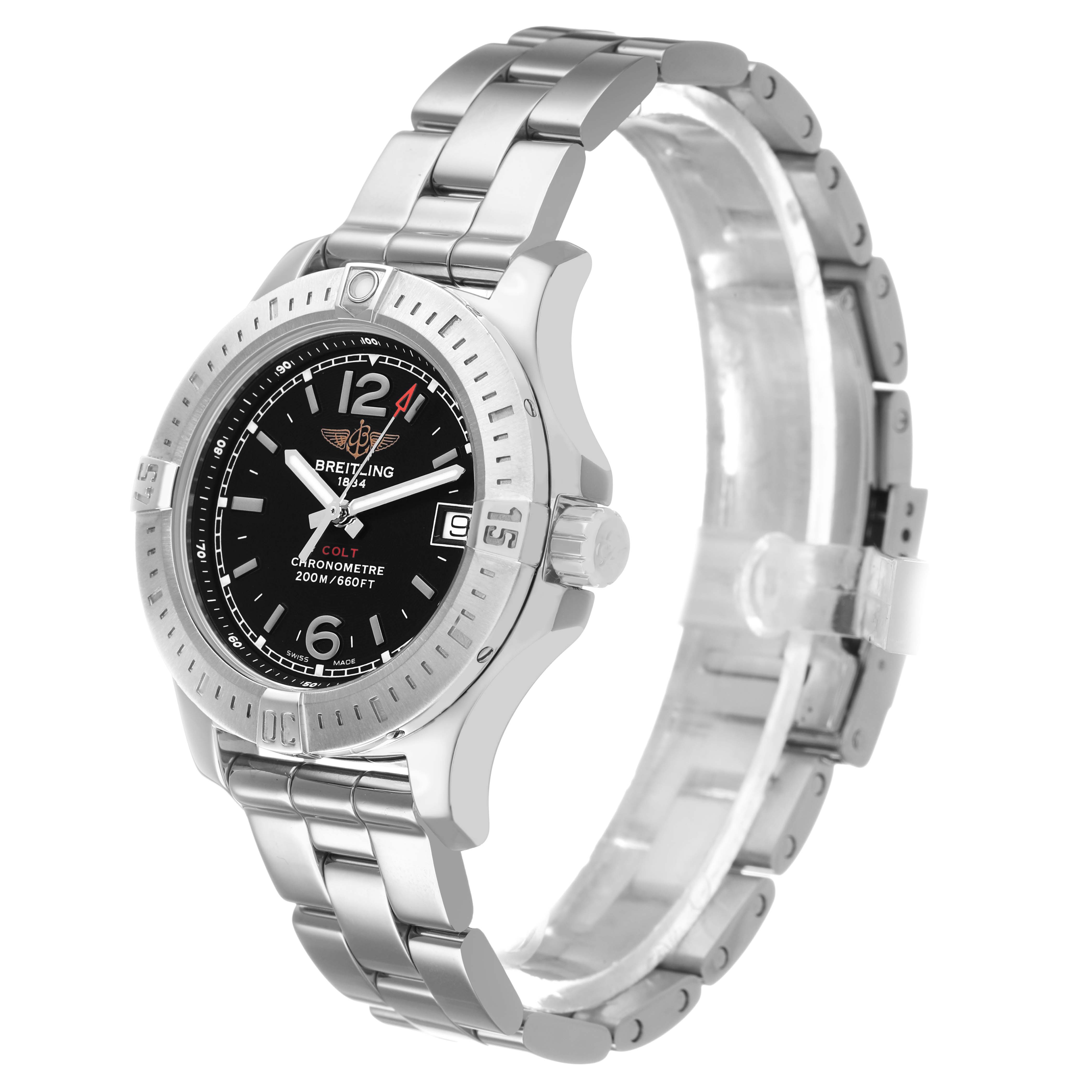 The image shows a Breitling A77388 Women's Stainless Steel Black Dial Colt Lady Steel Black Dial watch at a three-quarter angle, highlighting the face, bezel, and bracelet.