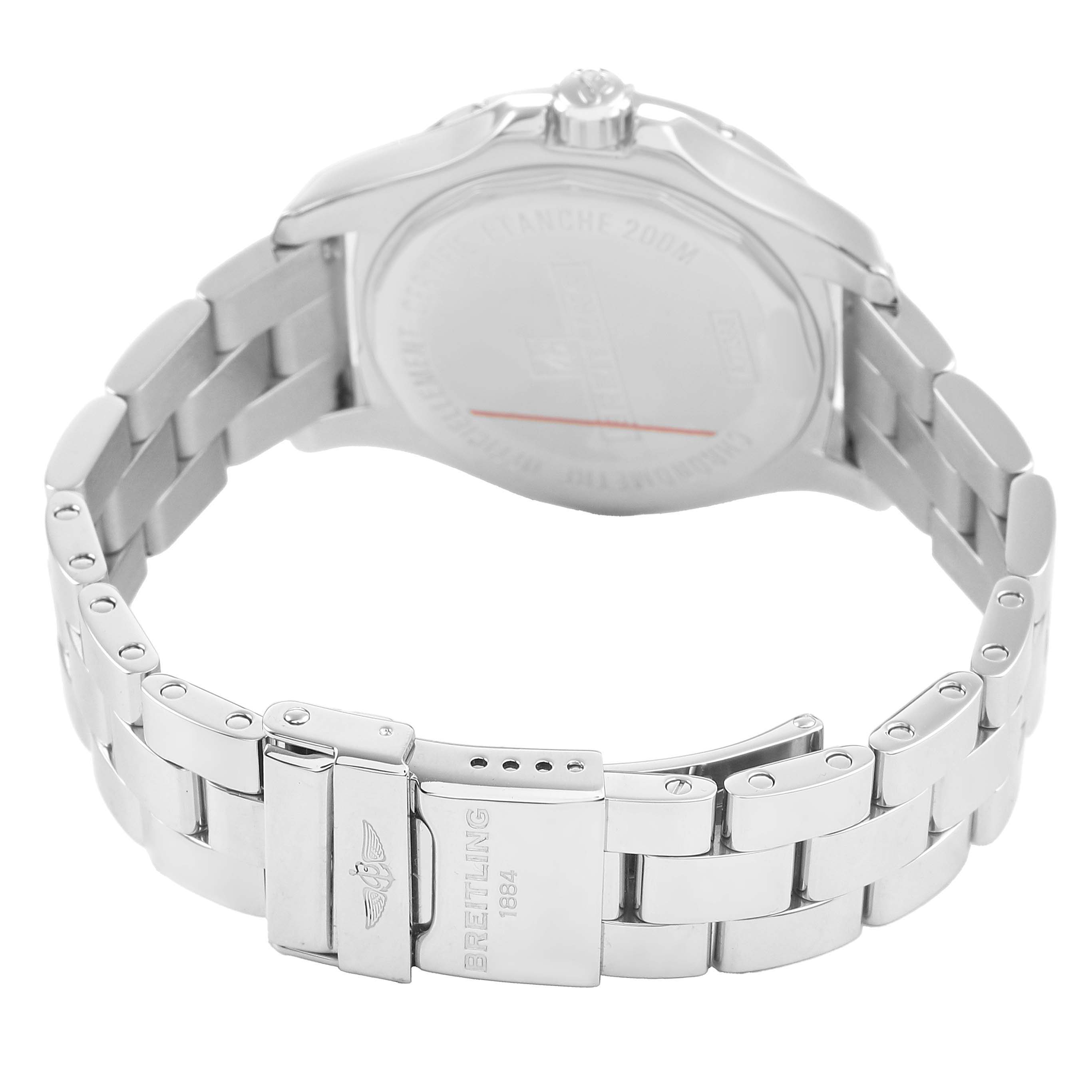 The image shows the back and bracelet of the Breitling A77388 Women's Stainless Steel Black Dial Colt Lady Steel A77388, focusing on the clasp and case back.