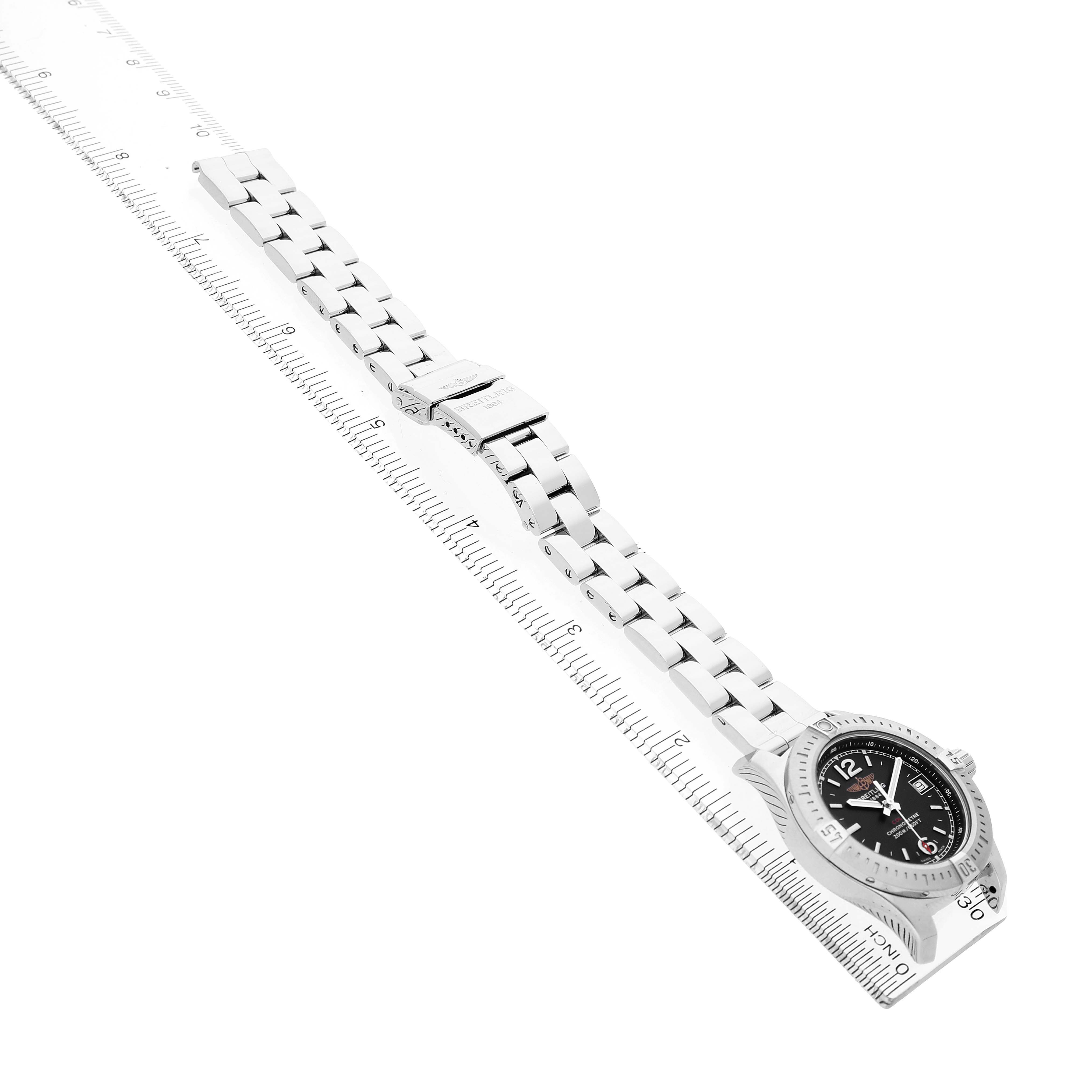 The Breitling A77388 Women's Stainless Steel Black Dial Colt Lady Steel Black Dial Ladies Watch A77388 is shown from a side angle, displaying its full bracelet and face.