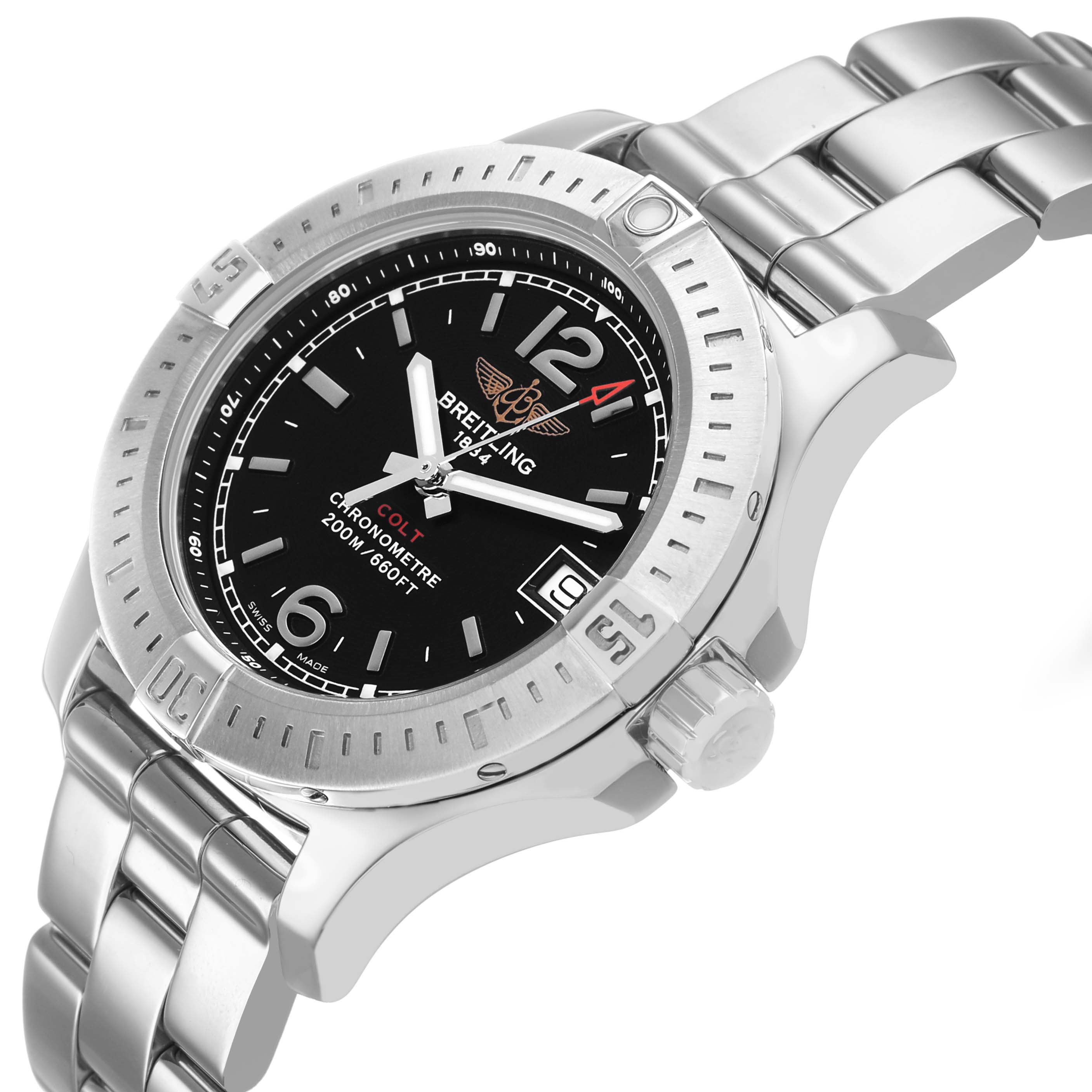 The Breitling A77388 Women's Stainless Steel Black Dial Colt Lady Steel Black Dial A77388 watch is shown from a side angle displaying the dial, bezel, case, crown, and bracelet.