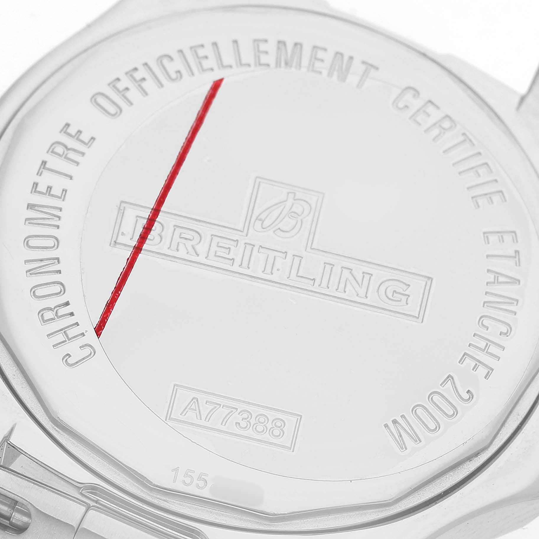 The image shows the back of the Breitling A77388 Women's Stainless Steel Black Dial Colt Lady Steel Black Dial Ladies Watch A77388, highlighting engraving details.