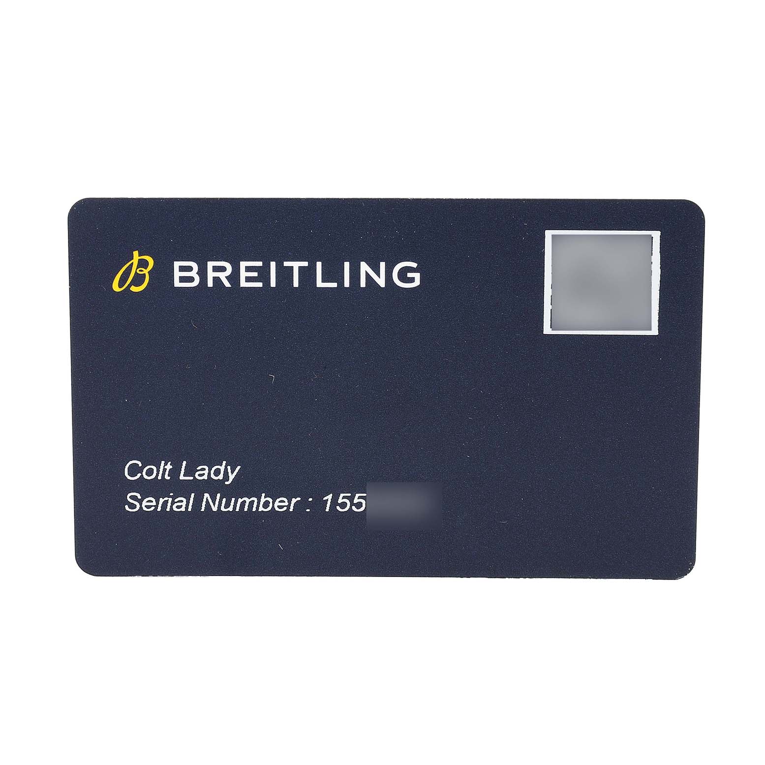 The image shows a Breitling A77388 Women's Stainless Steel Black Dial Colt Lady Steel Black Dial Ladies Watch A77388 card displaying the brand name and serial number.