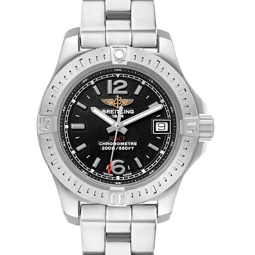 The Breitling A77388 Women's Stainless Steel Black Dial Colt Lady Steel Black Dial A77388 watch is shown front-facing, highlighting its dial, bezel, case, and bracelet.
