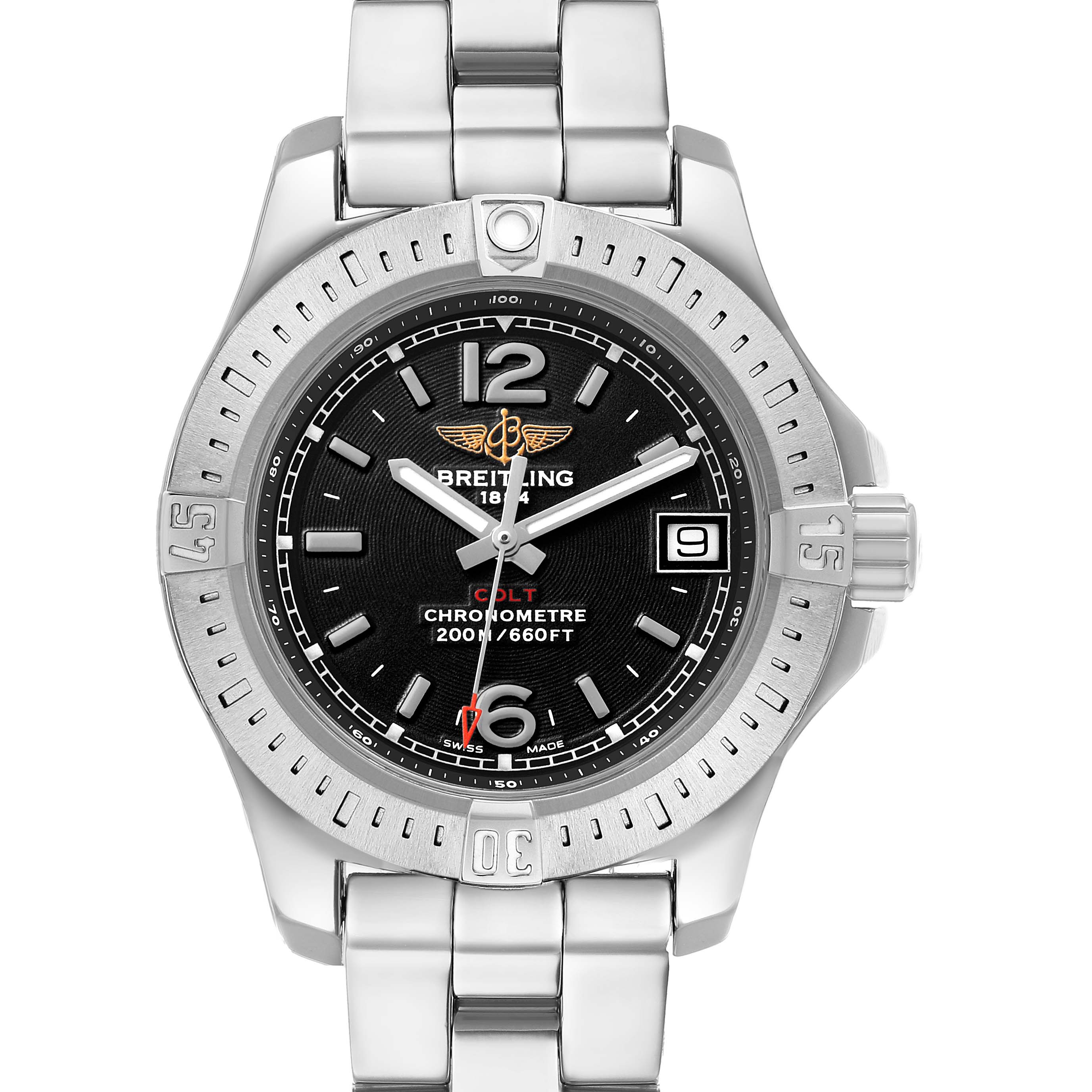 The Breitling A77388 Women's Stainless Steel Black Dial Colt Lady Steel Black Dial Ladies Watch A77388 is shown from a frontal angle, highlighting the black dial and steel bracelet.