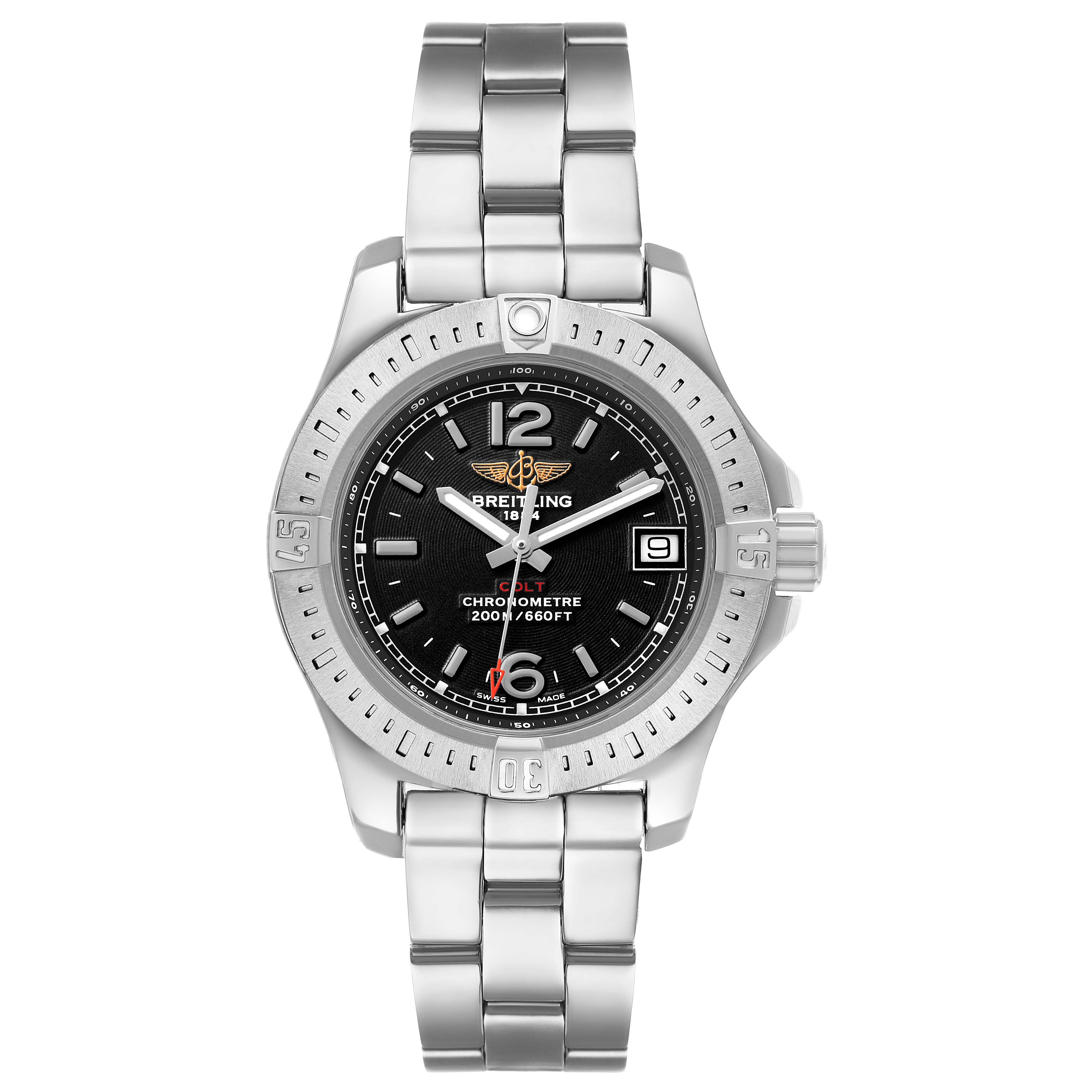 The Breitling A77388 Women's Stainless Steel Black Dial Colt Lady Steel Black Dial A77388 watch is shown from a front view, displaying the entire dial and bracelet.