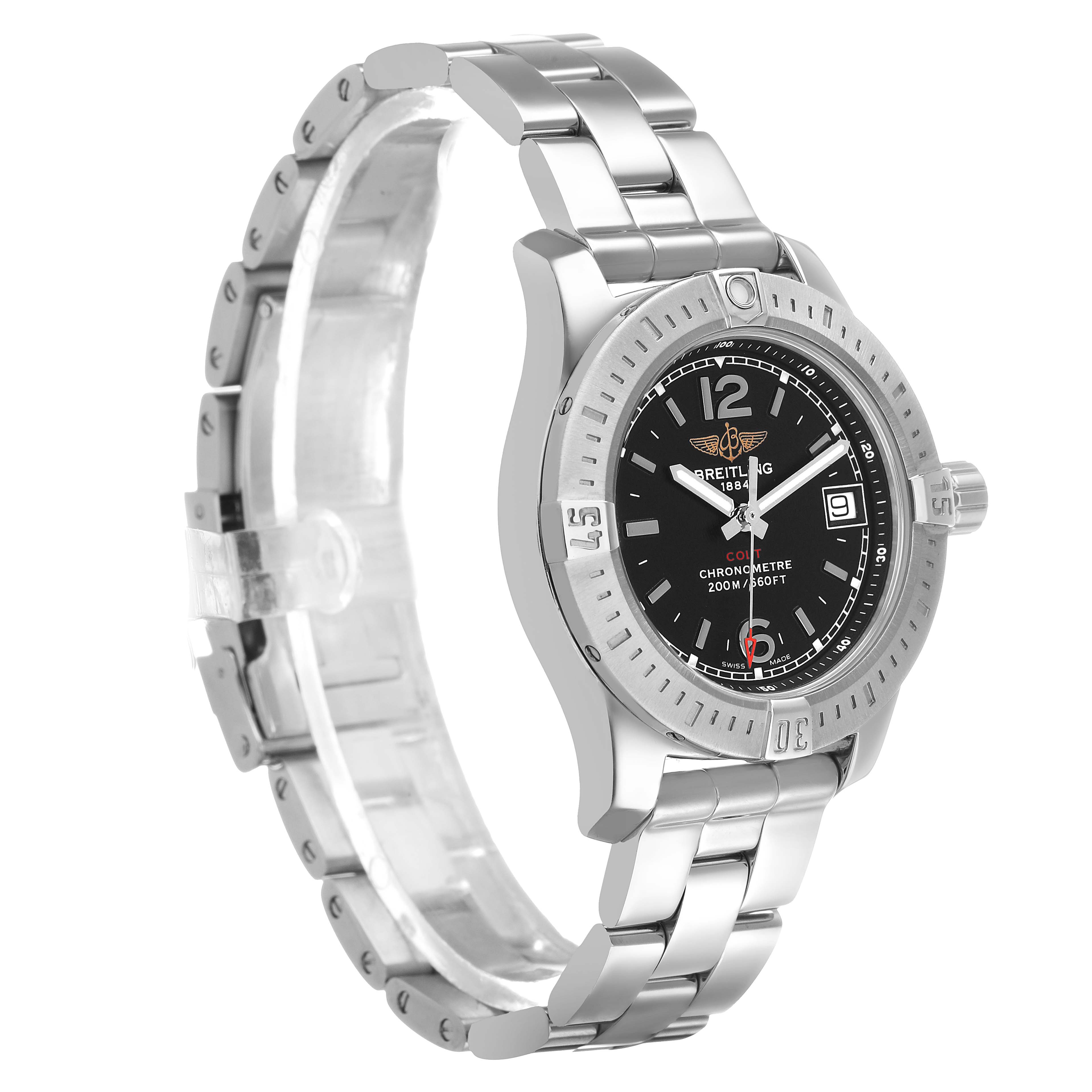 The Breitling A77388 Women's Stainless Steel Black Dial Colt Lady Steel Black Dial Ladies Watch A77388 is shown at a three-quarter angle, highlighting the face, bezel, and bracelet.