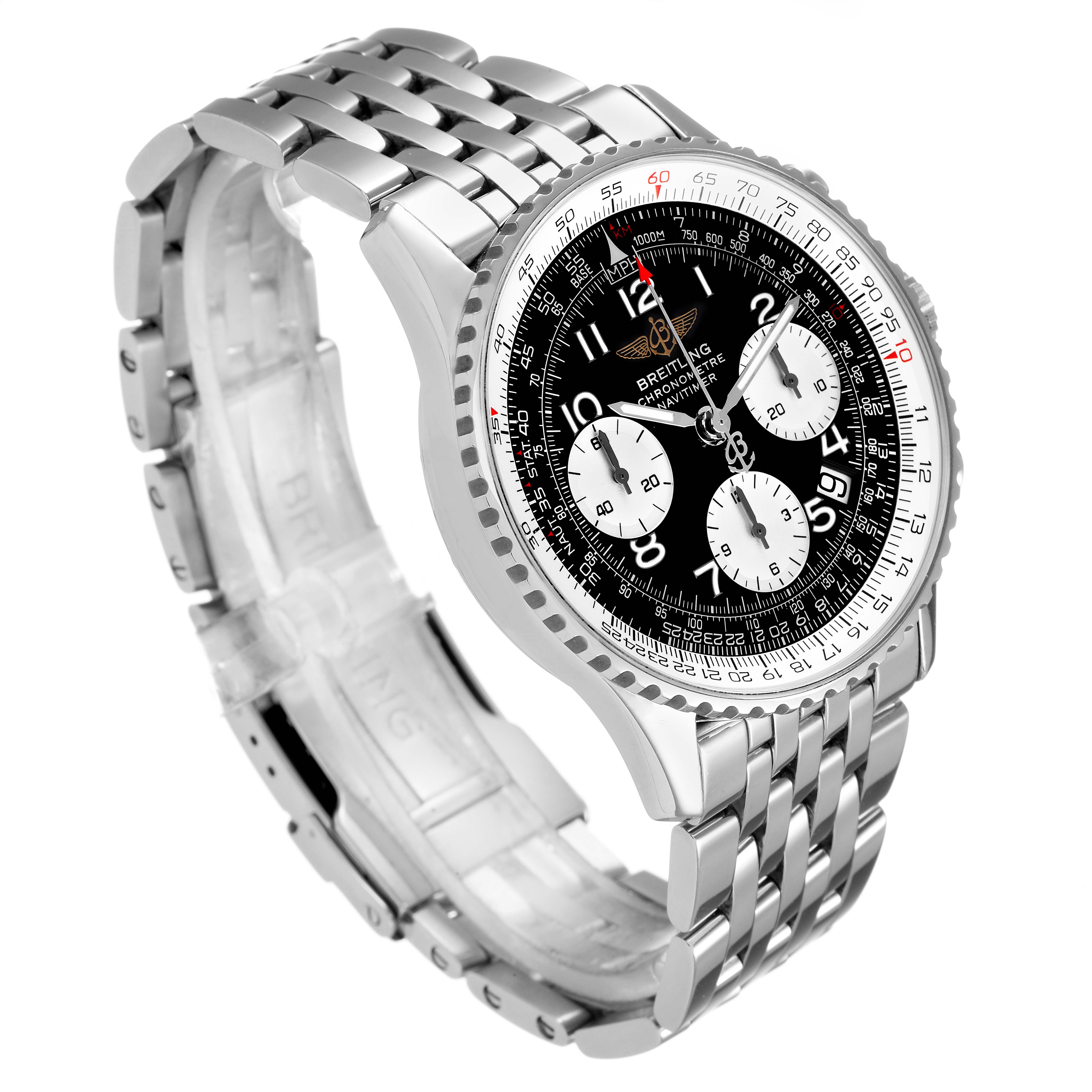 This image shows a Breitling Navitimer A23322 Men
s Stainless Steel Black Dial A23322 Men
s Stainless Steel Black Dial watch with a silver bracelet, angled to display the face, bezel, and chronograph dials.