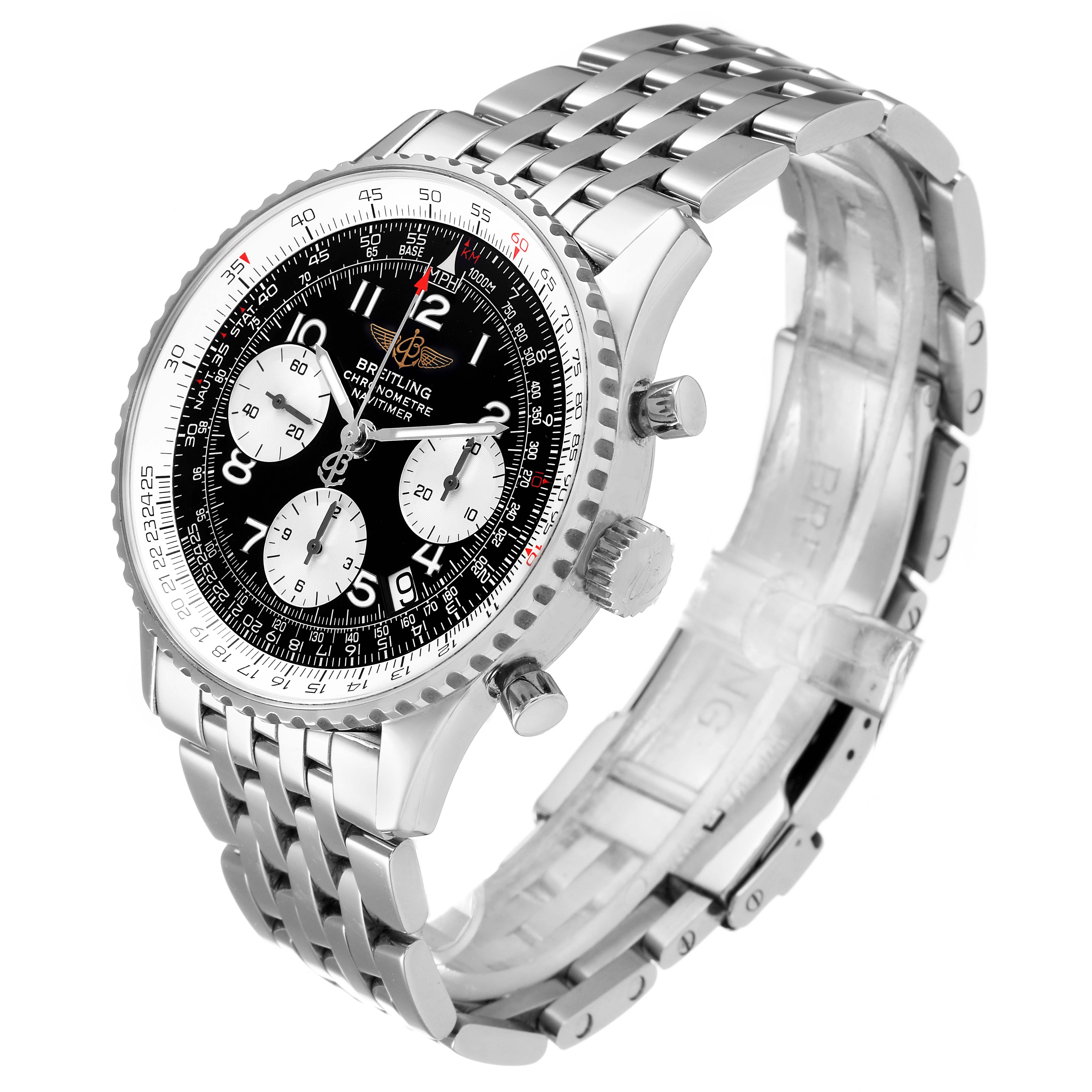 The image shows a Breitling Navitimer A23322 Men
s Stainless Steel Black Dial A23322 Men
s Stainless Steel Black Dial watch at a three-quarter angle, displaying the face, case, bezel, crown, subdials, and bracelet.
