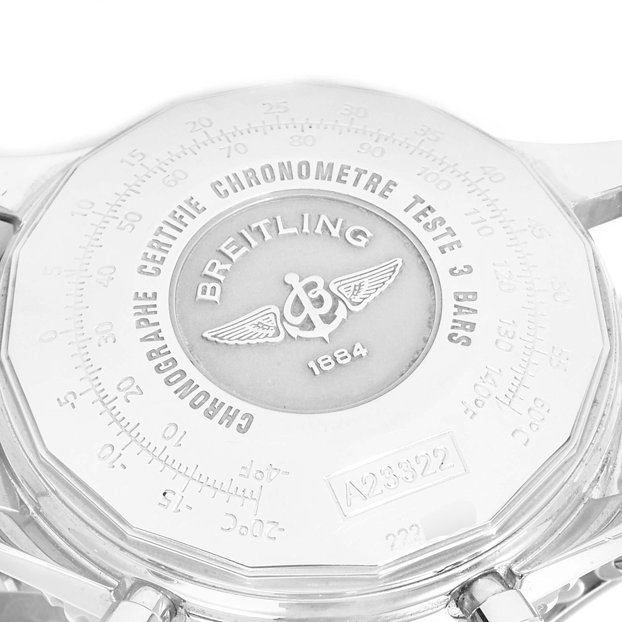 The image shows the back of a Breitling Navitimer A23322 Men
s Stainless Steel Black Dial A23322 Men
s Stainless Steel Black Dial watch with its engraved branding and model information.