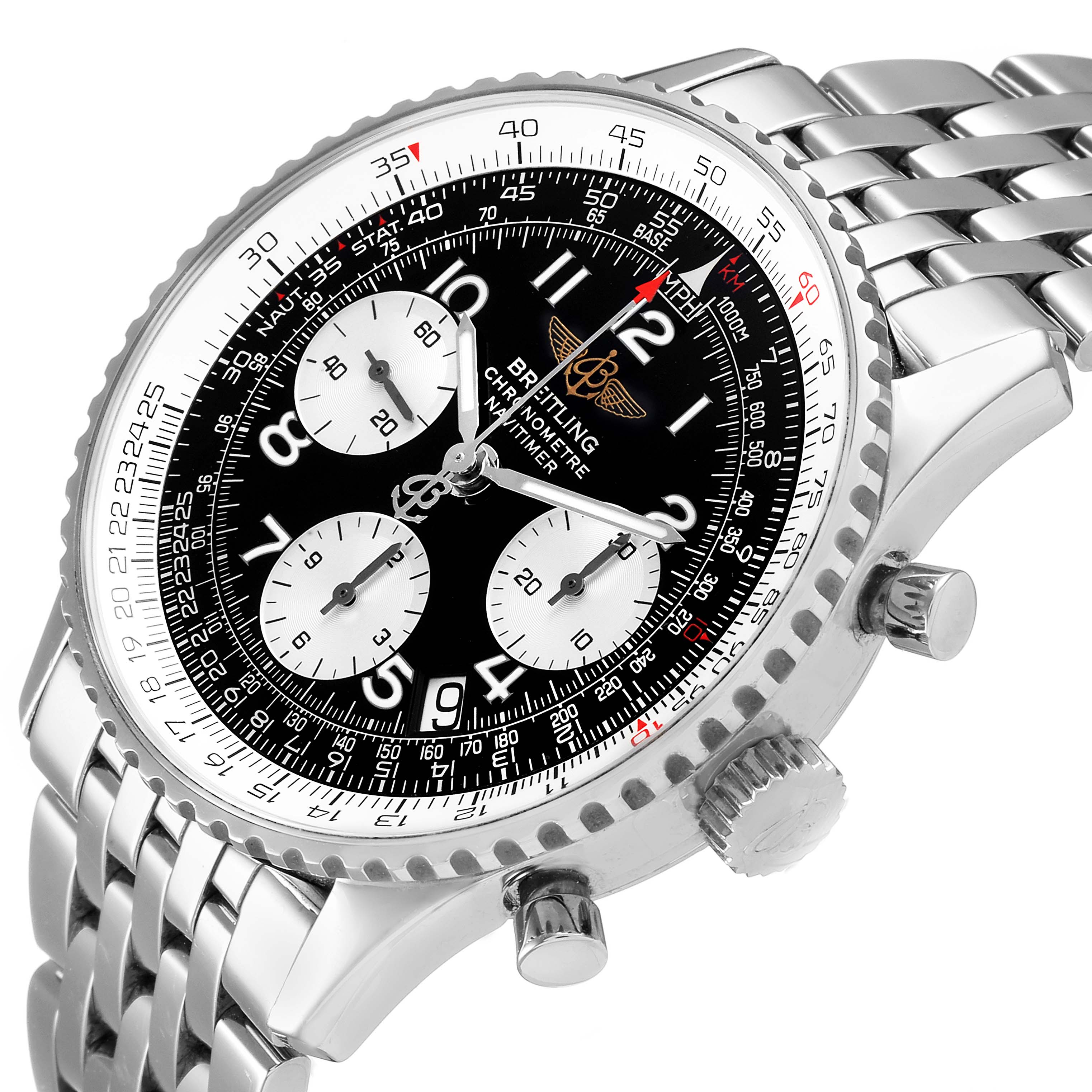 The image shows the face and part of the stainless steel bracelet of a Breitling Navitimer A23322 Men
s Stainless Steel Black Dial A23322 Men
s Stainless Steel Black Dial watch at a slight angle.