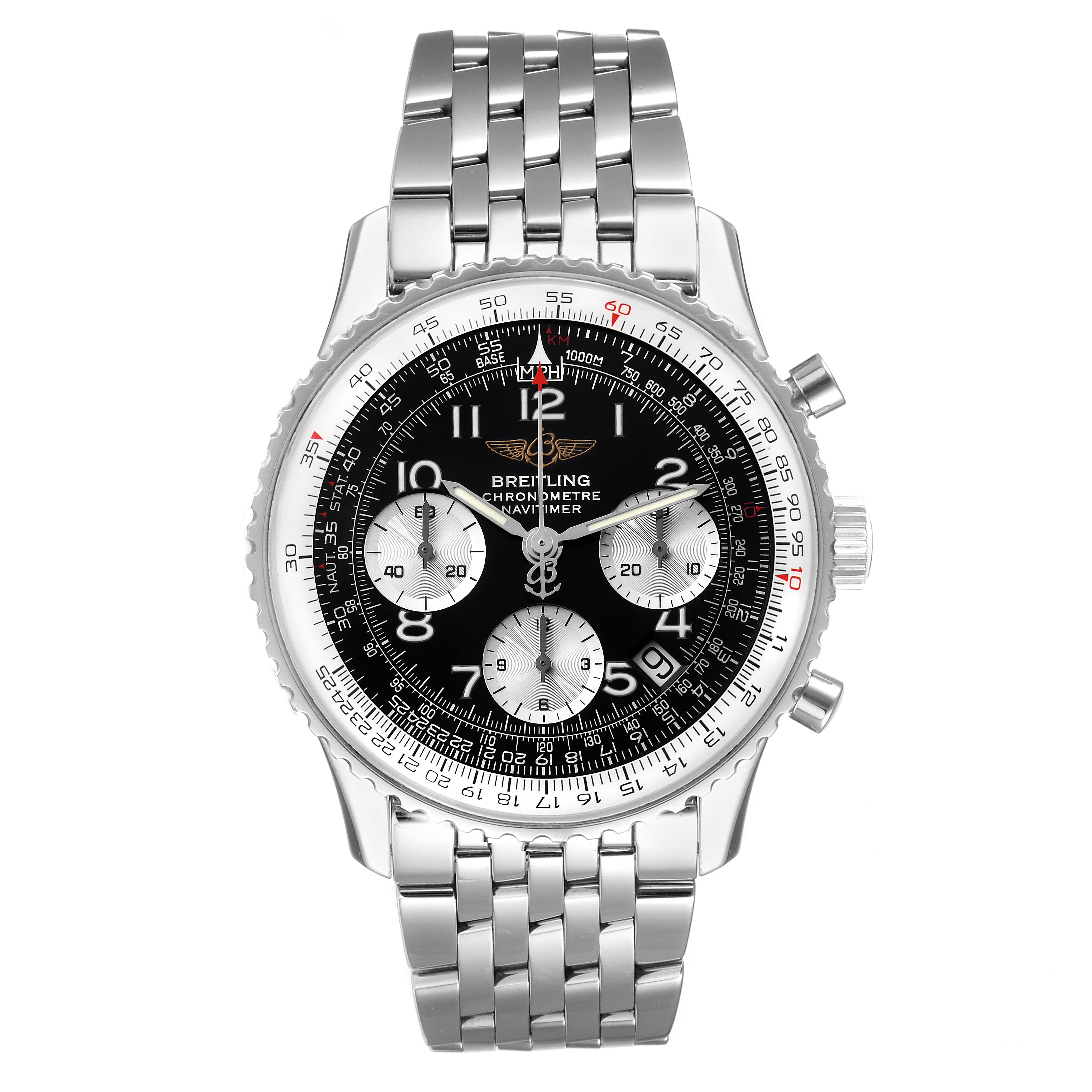 This image shows a front view of the Breitling Navitimer A23322 Men
s Stainless Steel Black Dial A23322 Men
s Stainless Steel Black Dial watch, displaying its face, bezel, and metal bracelet.