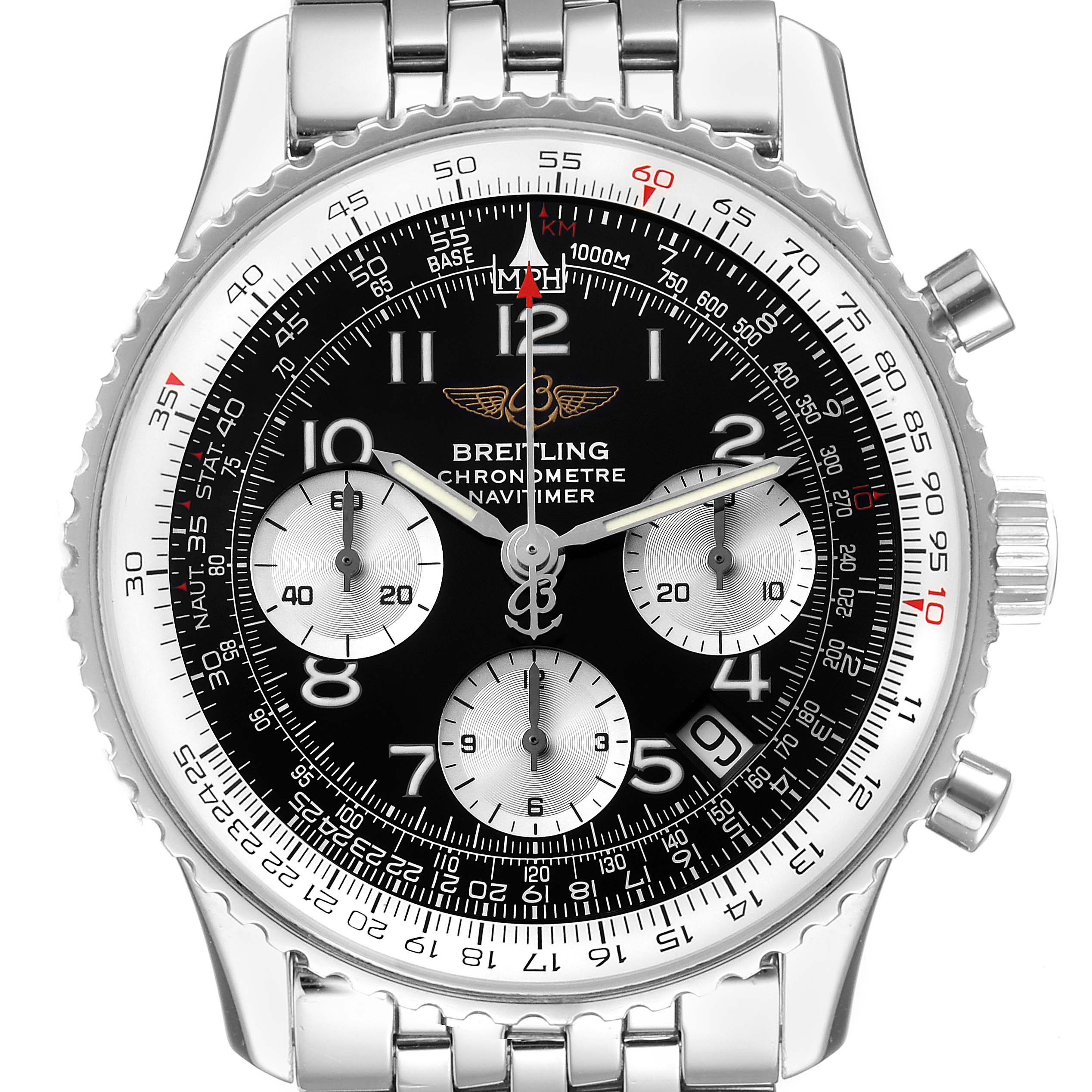 The image shows a Breitling Navitimer A23322 Men
s Stainless Steel Black Dial A23322 Men
s Stainless Steel Black Dial watch from the front, highlighting its dial, subdials, bezel, and bracelet.