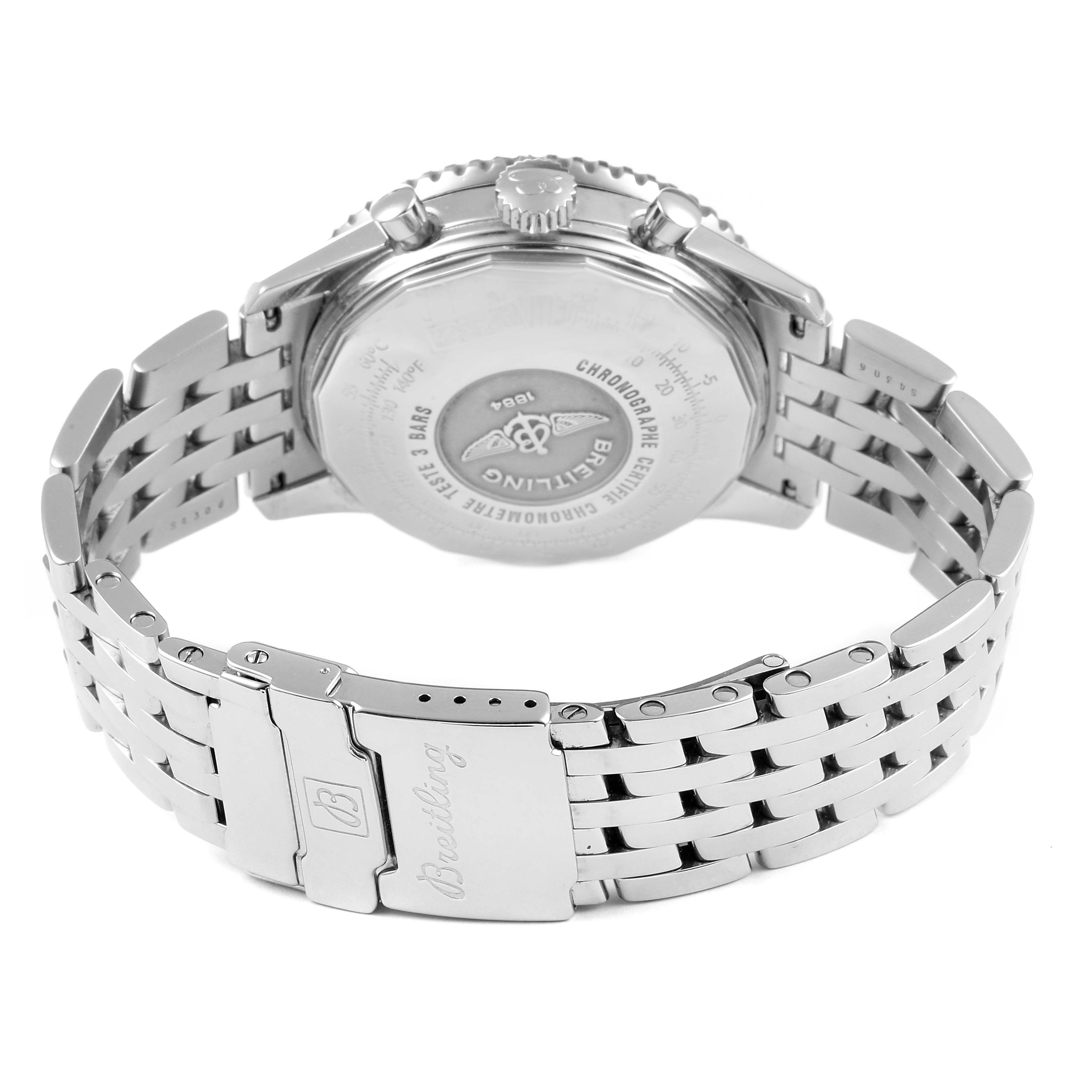 The image shows the backside and bracelet of a Breitling Navitimer A23322 Men
s Stainless Steel Black Dial A23322 Men
s Stainless Steel Black Dial watch from a rear angle.