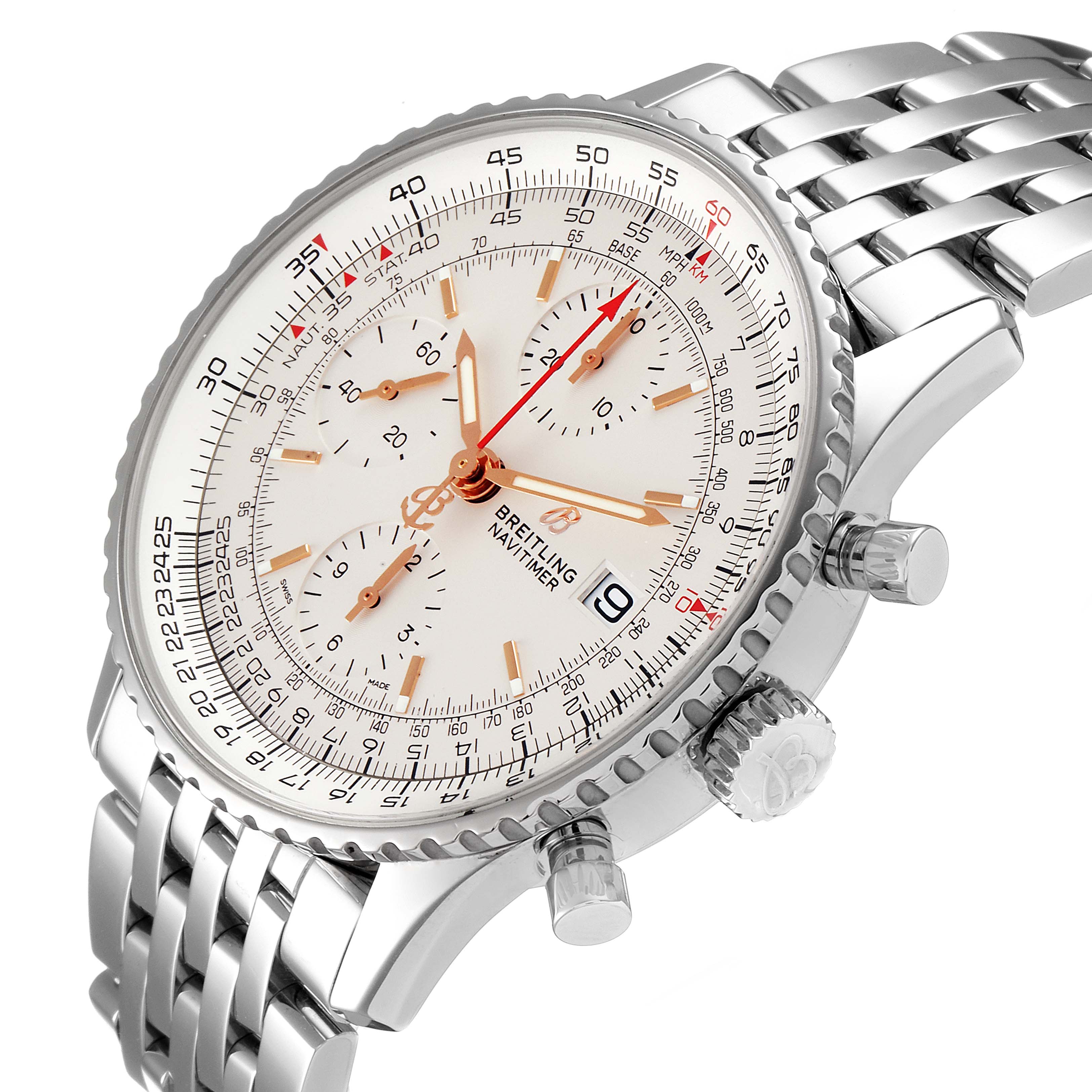 The image shows a close-up of the Breitling Navitimer A13324 Men
s Stainless Steel Silver Dial A13324 Men
s Stainless Steel Silver Dial watch, highlighting the dial, bezel, crown, pushers, and part of the metal bracelet.