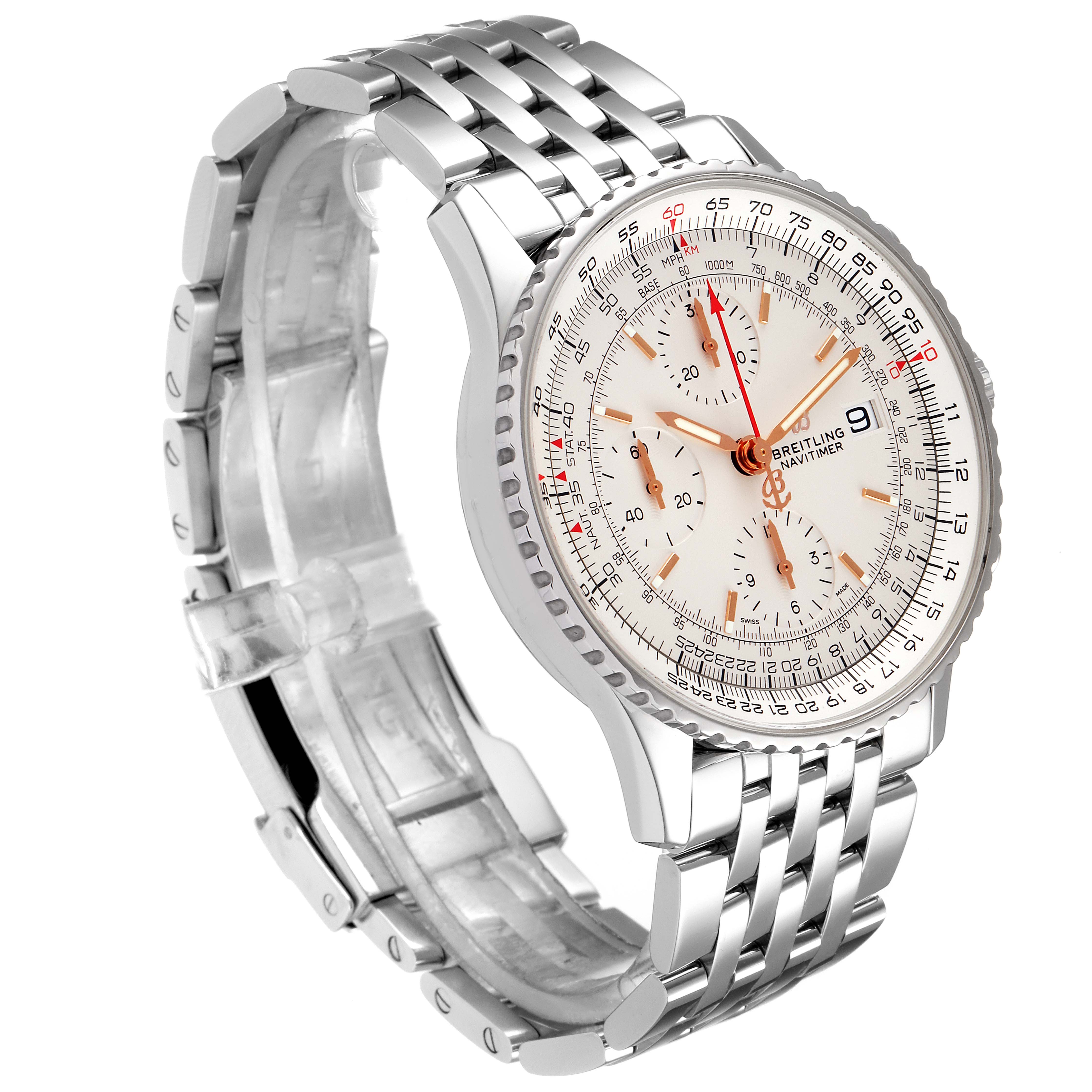 The image shows a Breitling Navitimer A13324 Men
s Stainless Steel Silver Dial A13324 Men
s Stainless Steel Silver Dial watch at a slight angle, focusing on the face, bezel, and metal bracelet.