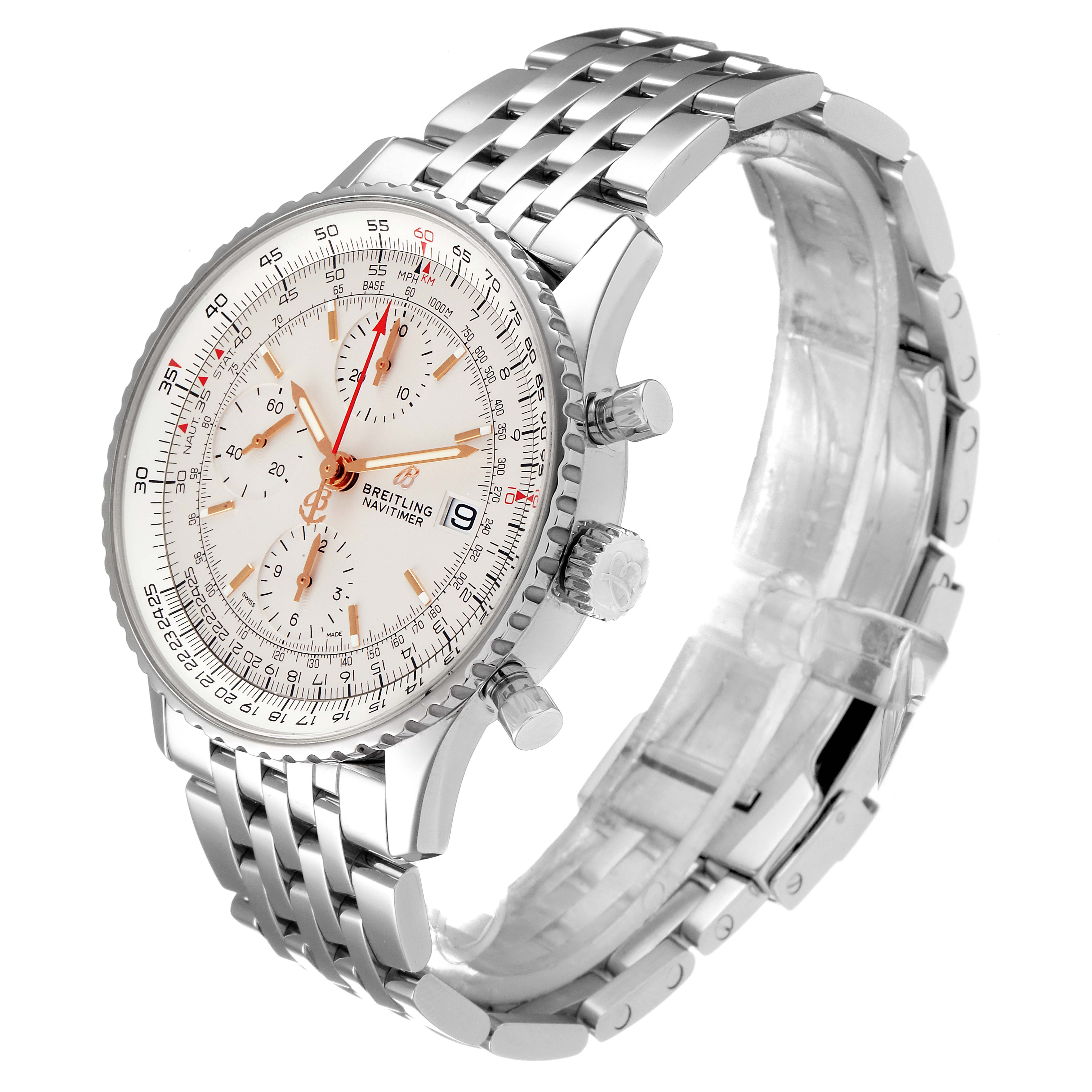 The image shows a Breitling Navitimer A13324 Men
s Stainless Steel Silver Dial A13324 Men
s Stainless Steel Silver Dial watch at a three-quarter angle, highlighting the face, bezel, crown, pushers, and bracelet.