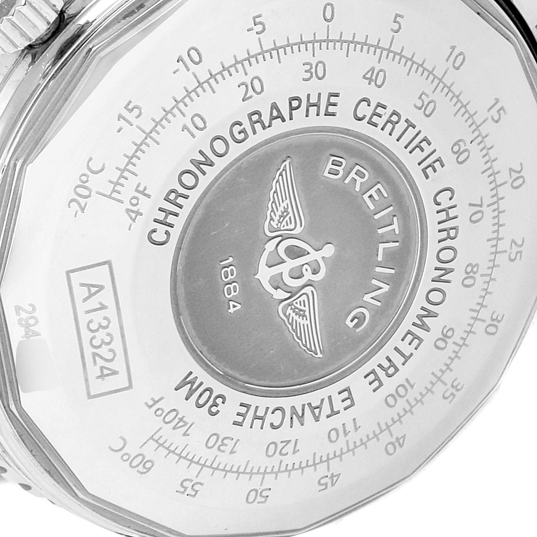 The image shows the back of a Breitling Navitimer A13324 Men
s Stainless Steel Silver Dial A13324 Men
s Stainless Steel Silver Dial watch, highlighting the model number and certification details.