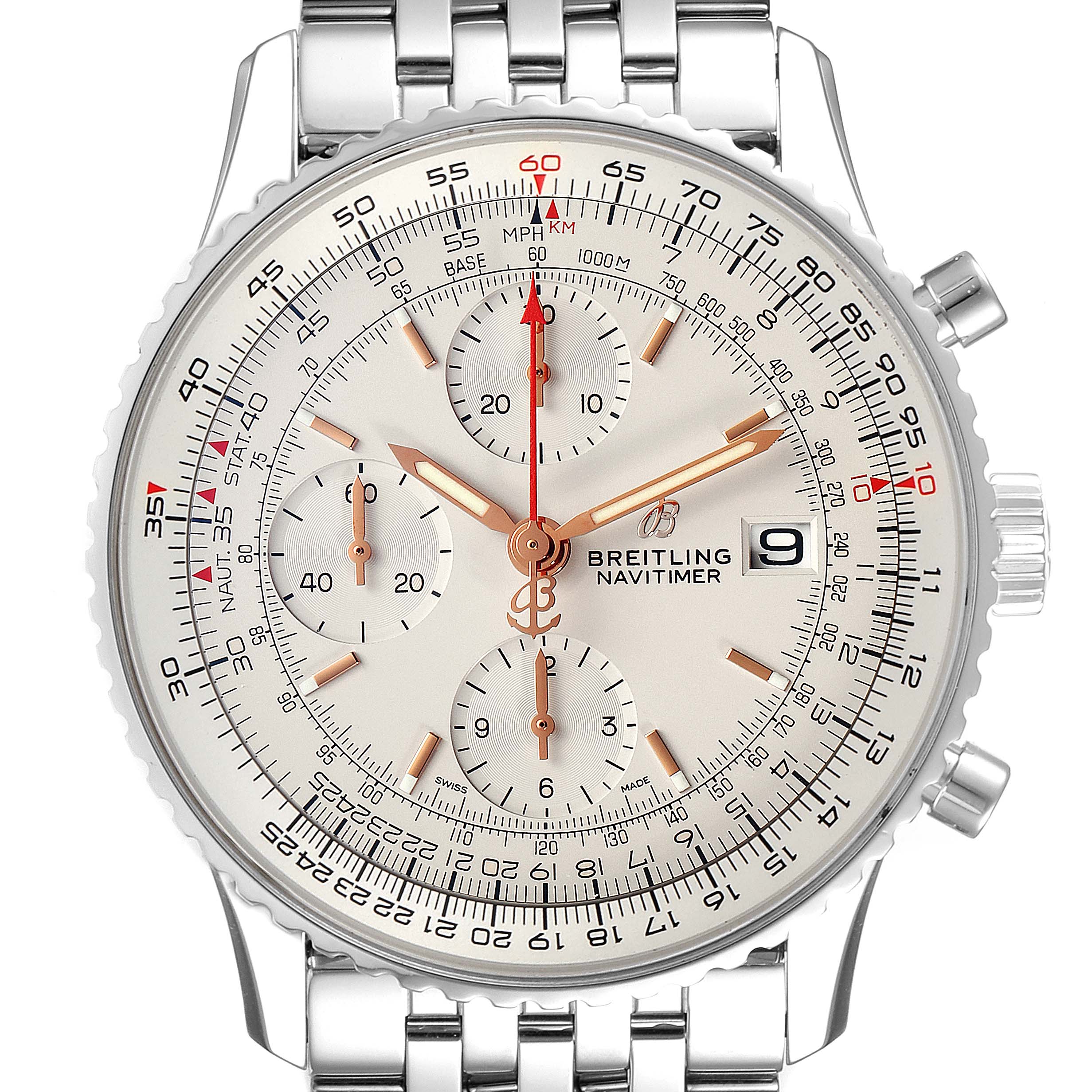 The image shows a front view of a Breitling Navitimer A13324 Men
s Stainless Steel Silver Dial A13324 Men
s Stainless Steel Silver Dial watch, highlighting its dial, bezel, and bracelet.