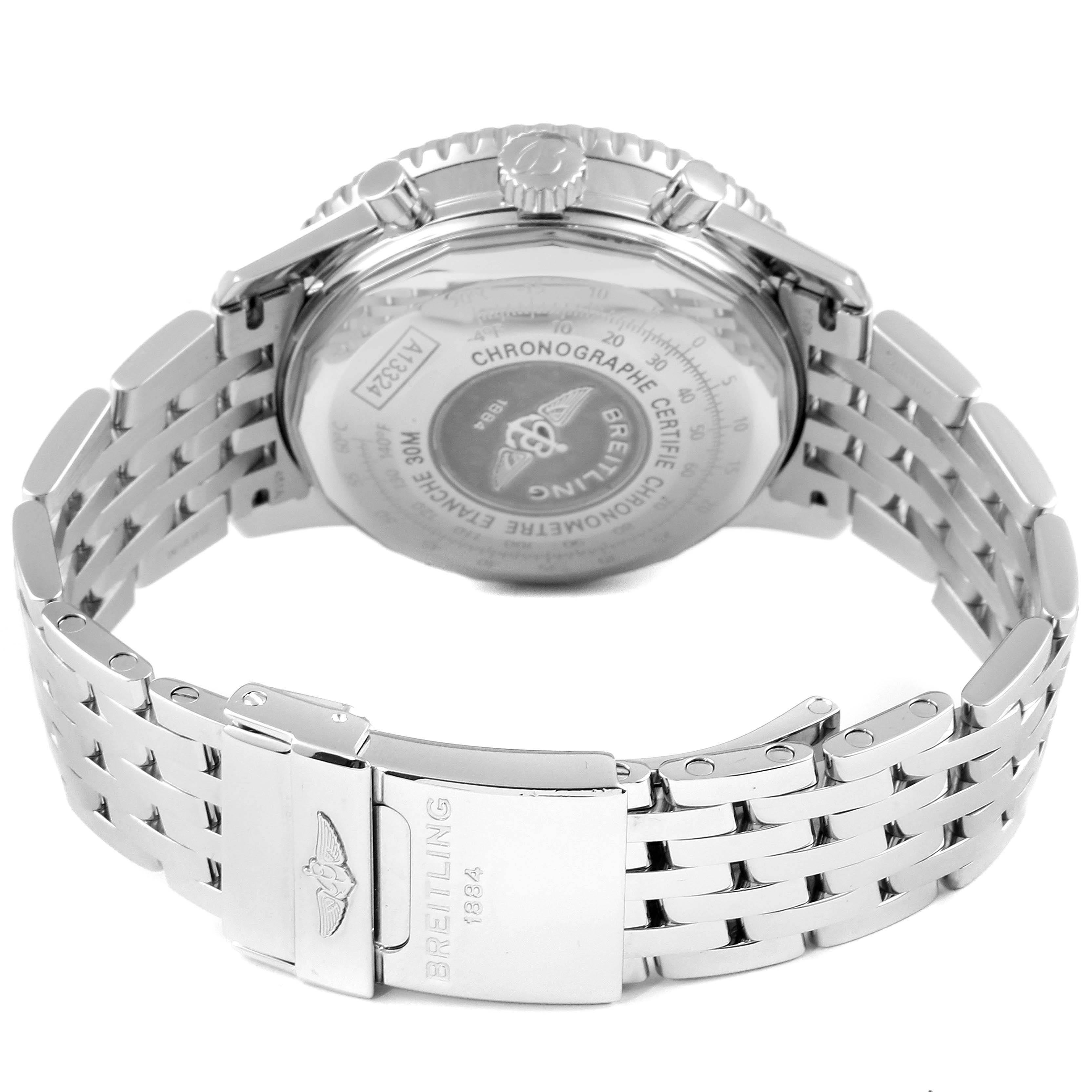 The image shows the back view of the Breitling Navitimer A13324 Men
s Stainless Steel Silver Dial A13324 Men
s Stainless Steel Silver Dial watch, featuring its stainless steel bracelet and clasp.