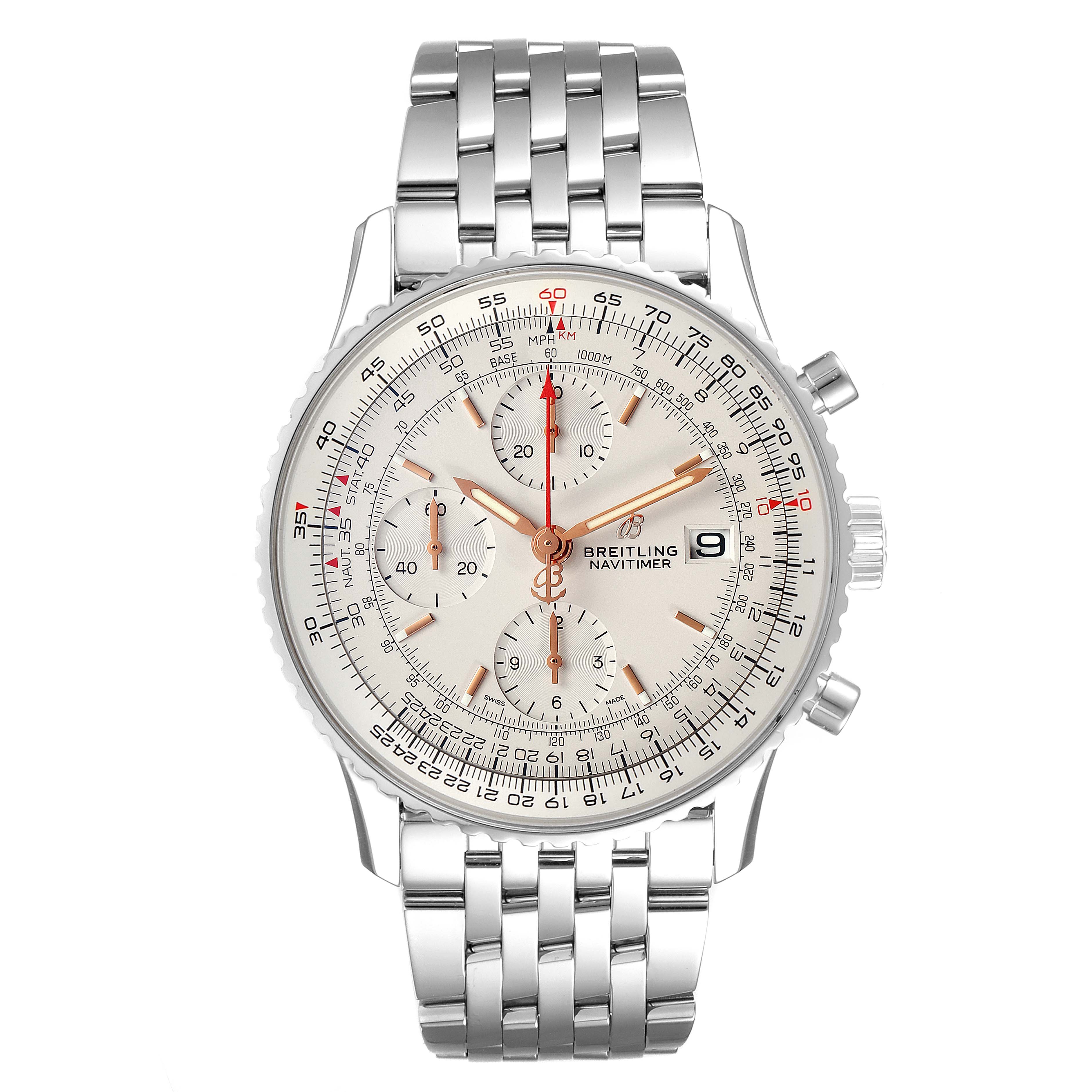 This image shows a front view of the Breitling Navitimer A13324 Men
s Stainless Steel Silver Dial A13324 Men
s Stainless Steel Silver Dial watch, highlighting its dial, subdials, and metal bracelet.