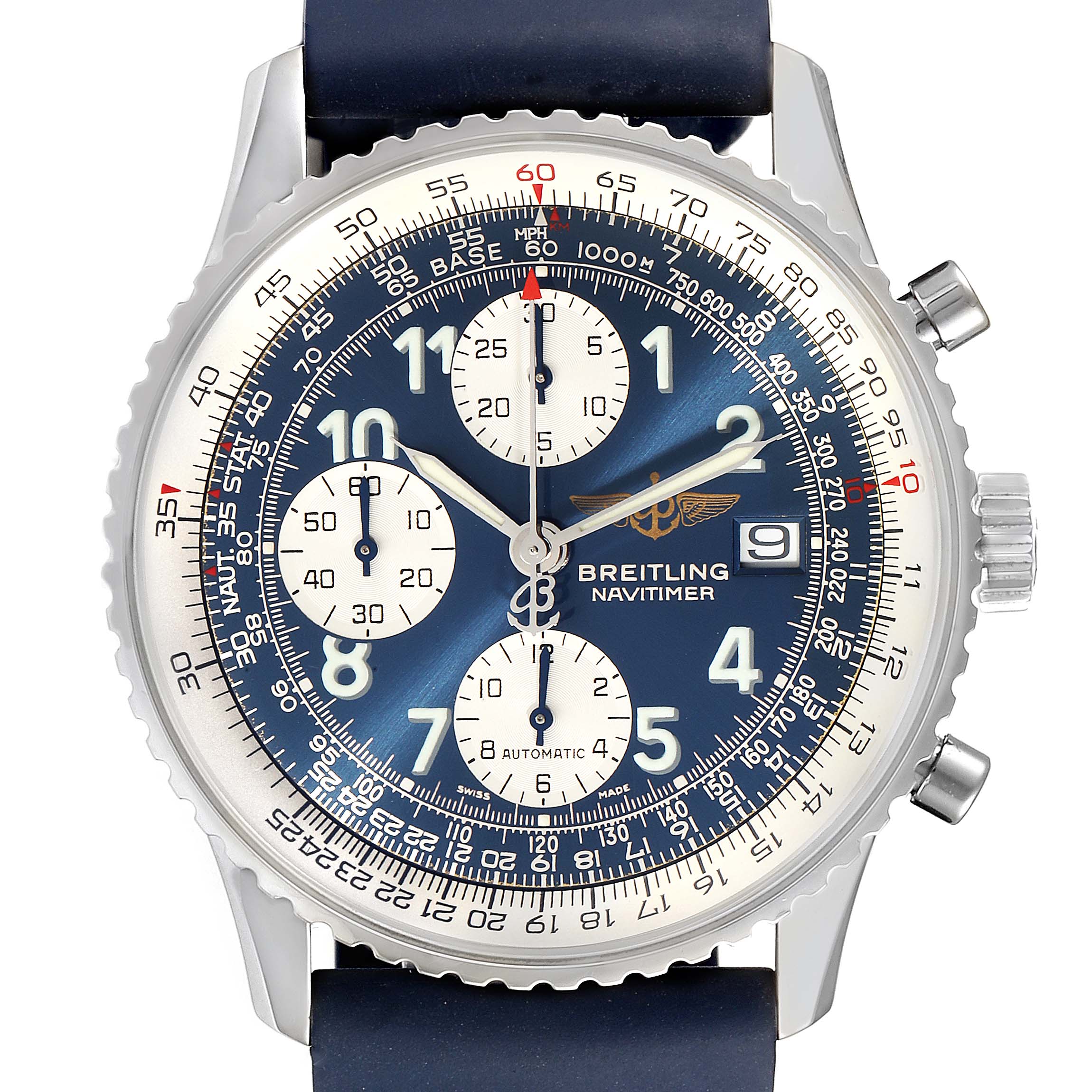 The image shows a frontal view of the Breitling Navitimer A13322 Men's Stainless Steel Blue Dial A13322 Men's Stainless Steel Blue Dial watch, displaying its dial, hands, sub-dials, and crown.
