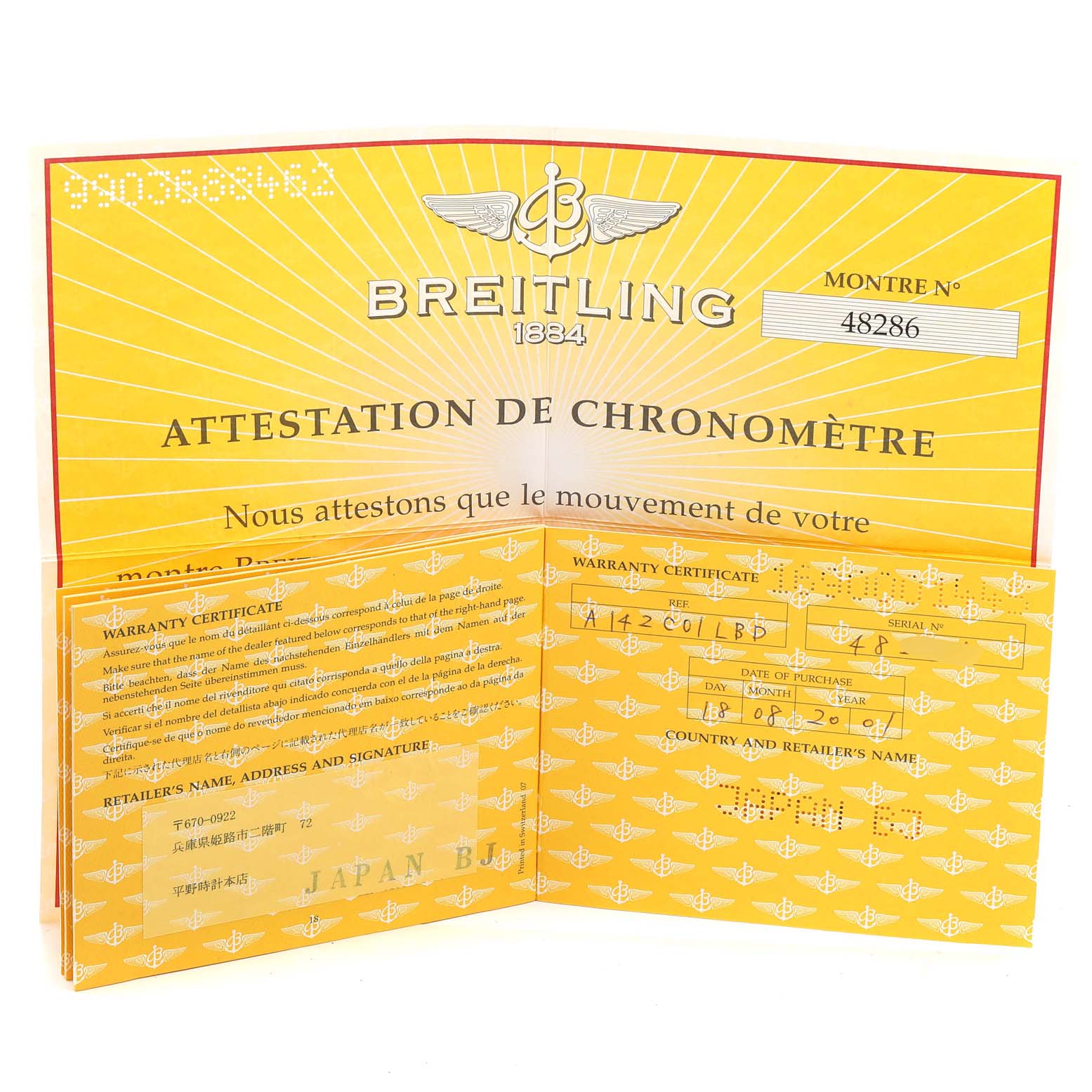 The image shows warranty certificates and a chronometer attestation certificate for a Breitling Navitimer A13322 Men's Stainless Steel Blue Dial A13322 Men's Stainless Steel Blue Dial watch.