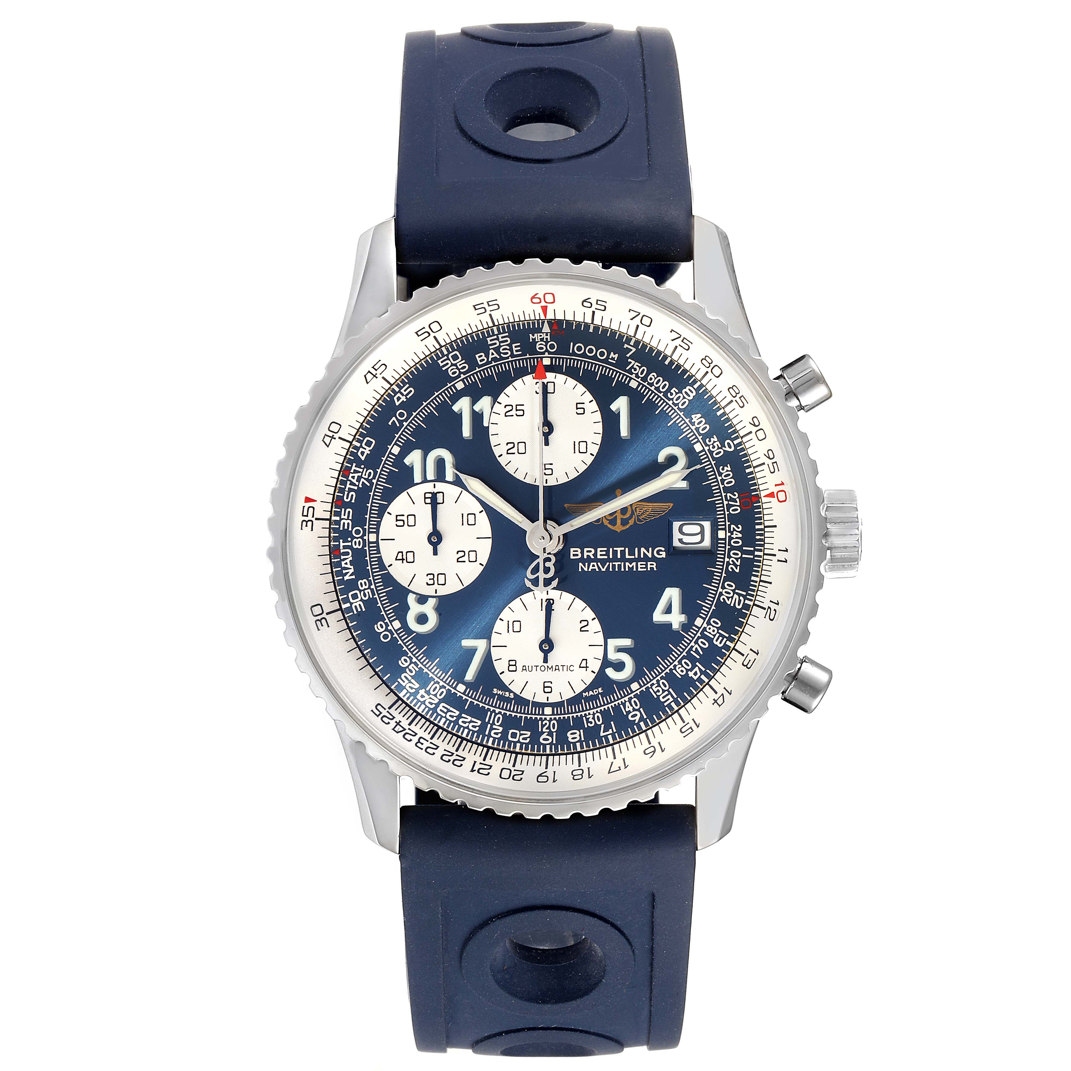 This image shows a front-angle view of the Breitling Navitimer A13322 Men's Stainless Steel Blue Dial A13322 Men's Stainless Steel Blue Dial watch with a blue dial and strap, and a silver case.