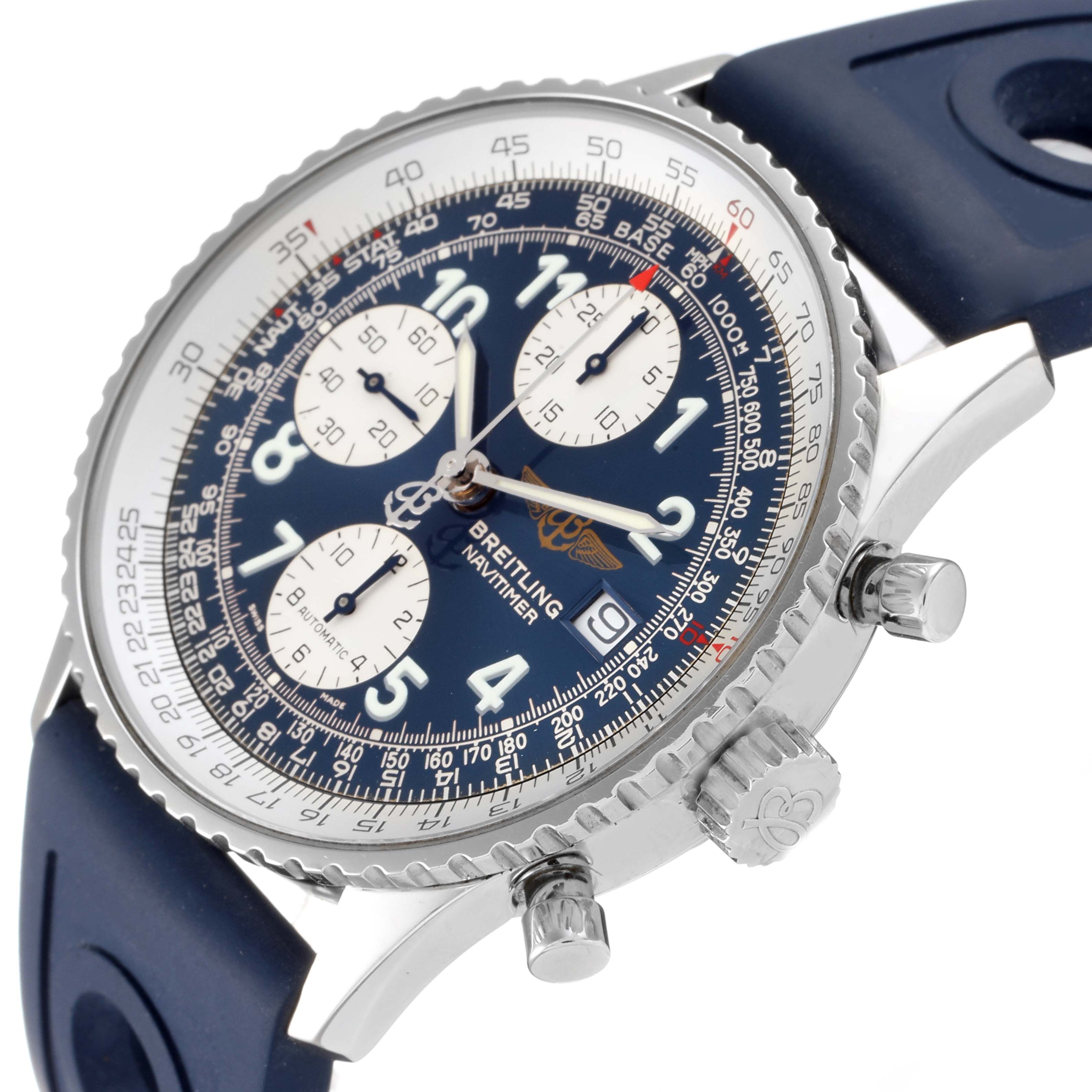 The image shows a close-up angled view of a Breitling Navitimer A13322 Men's Stainless Steel Blue Dial A13322 Men's Stainless Steel Blue Dial watch, highlighting the chronograph dials and the crown.