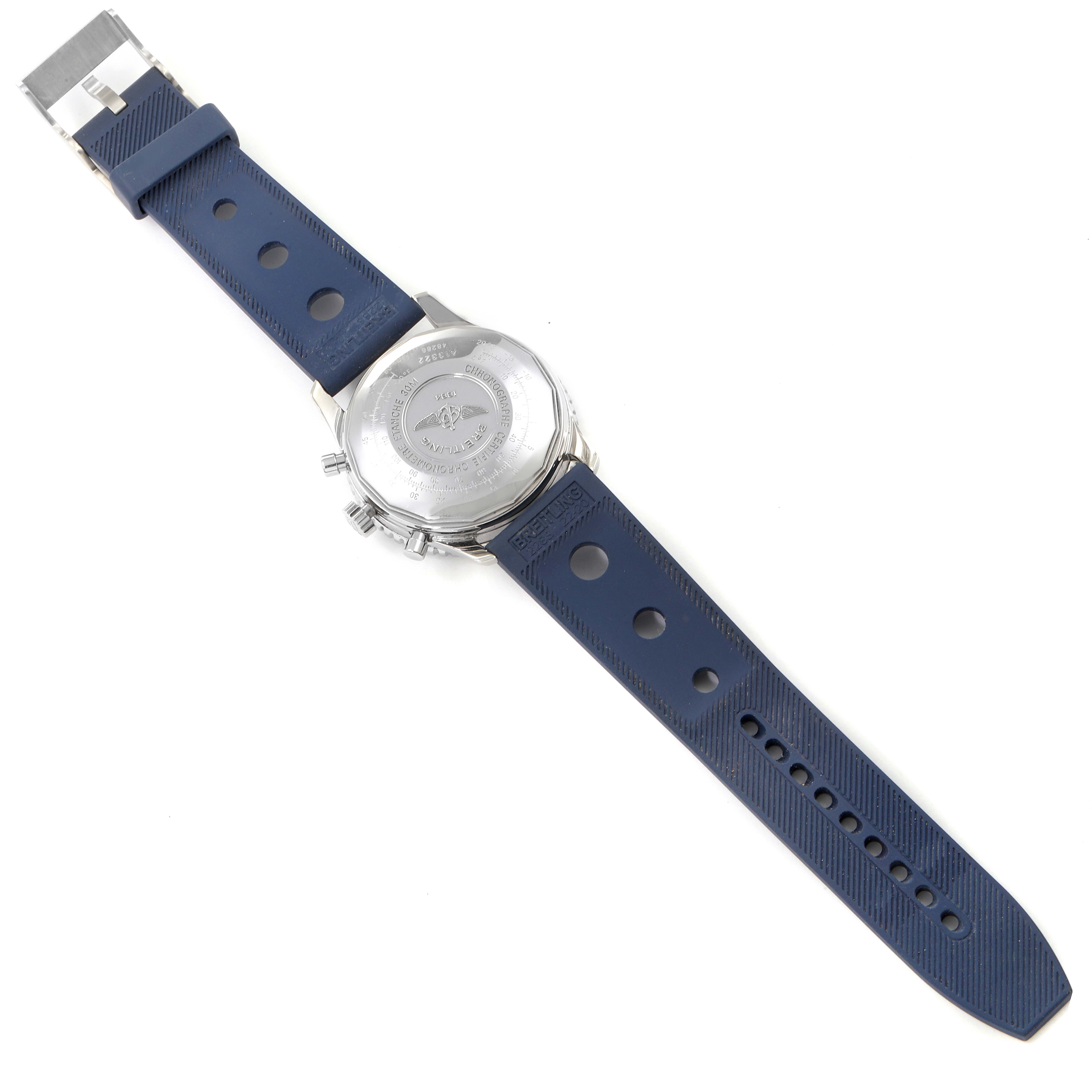 The image shows the back view of a Breitling Navitimer A13322 Men's Stainless Steel Blue Dial A13322 Men's Stainless Steel Blue Dial watch, highlighting its case back, pushers, and blue strap.