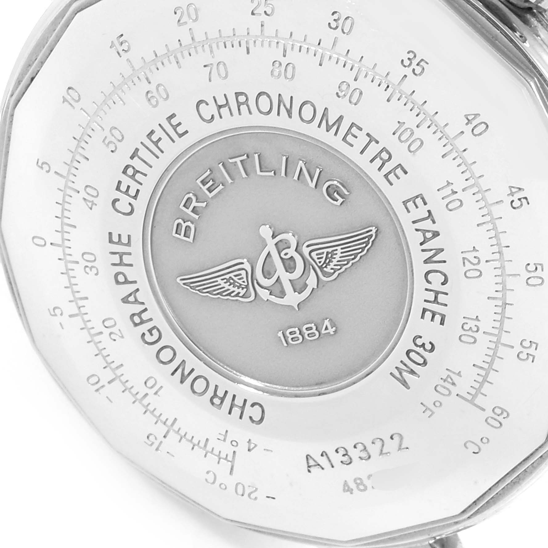 The image shows the case back of a Breitling Navitimer A13322 Men's Stainless Steel Blue Dial A13322 Men's Stainless Steel Blue Dial watch, highlighting engravings and the Breitling logo.