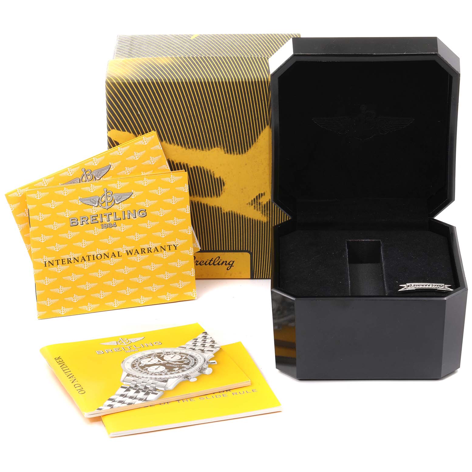 The image shows the packaging and manuals for a Breitling Navitimer A13322 Men's Stainless Steel Blue Dial A13322 Men's Stainless Steel Blue Dial watch, including the box, international warranty, and instruction booklet.