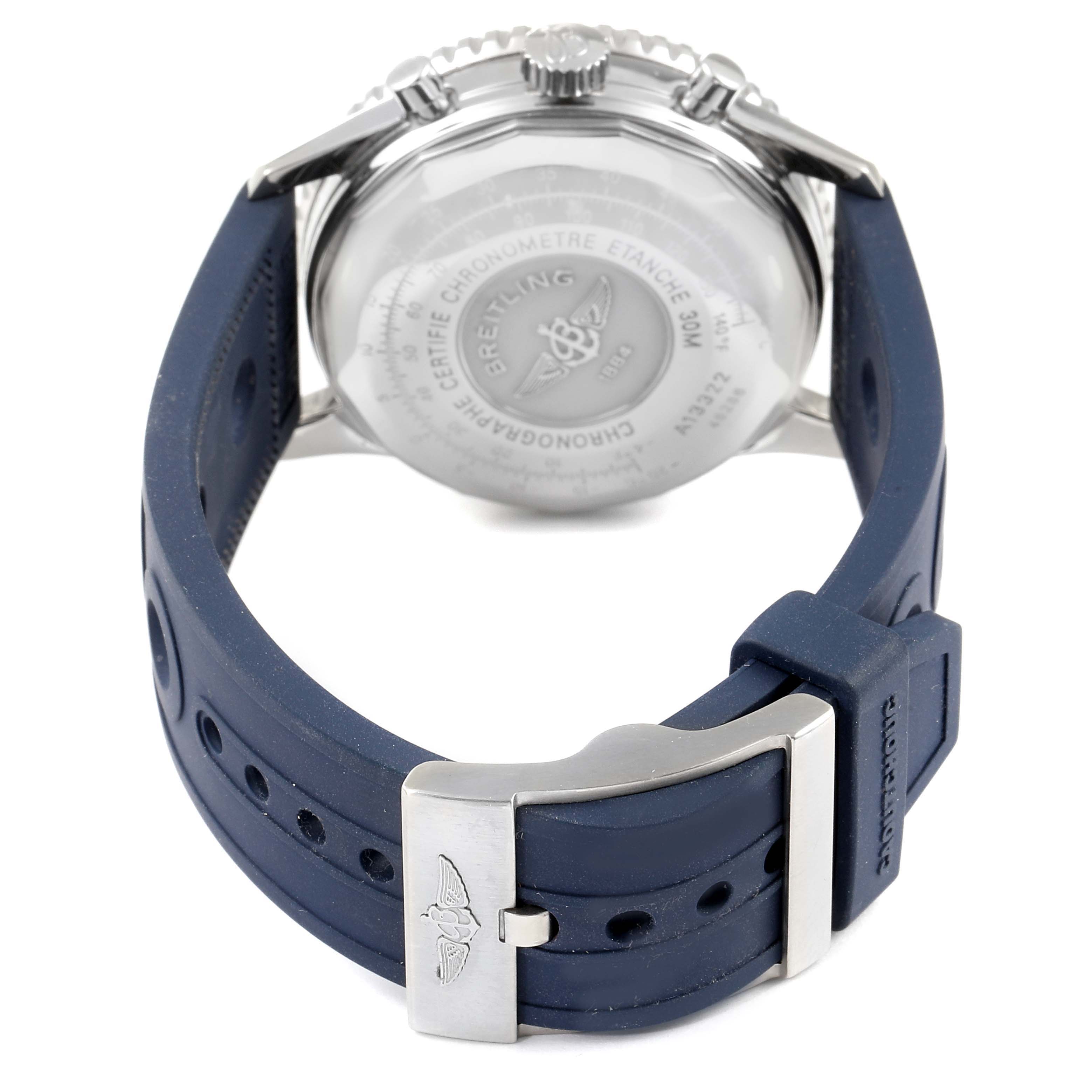 The image shows the back casing and blue strap of a Breitling Navitimer A13322 Men's Stainless Steel Blue Dial A13322 Men's Stainless Steel Blue Dial watch, focusing on the clasp and caseback details.