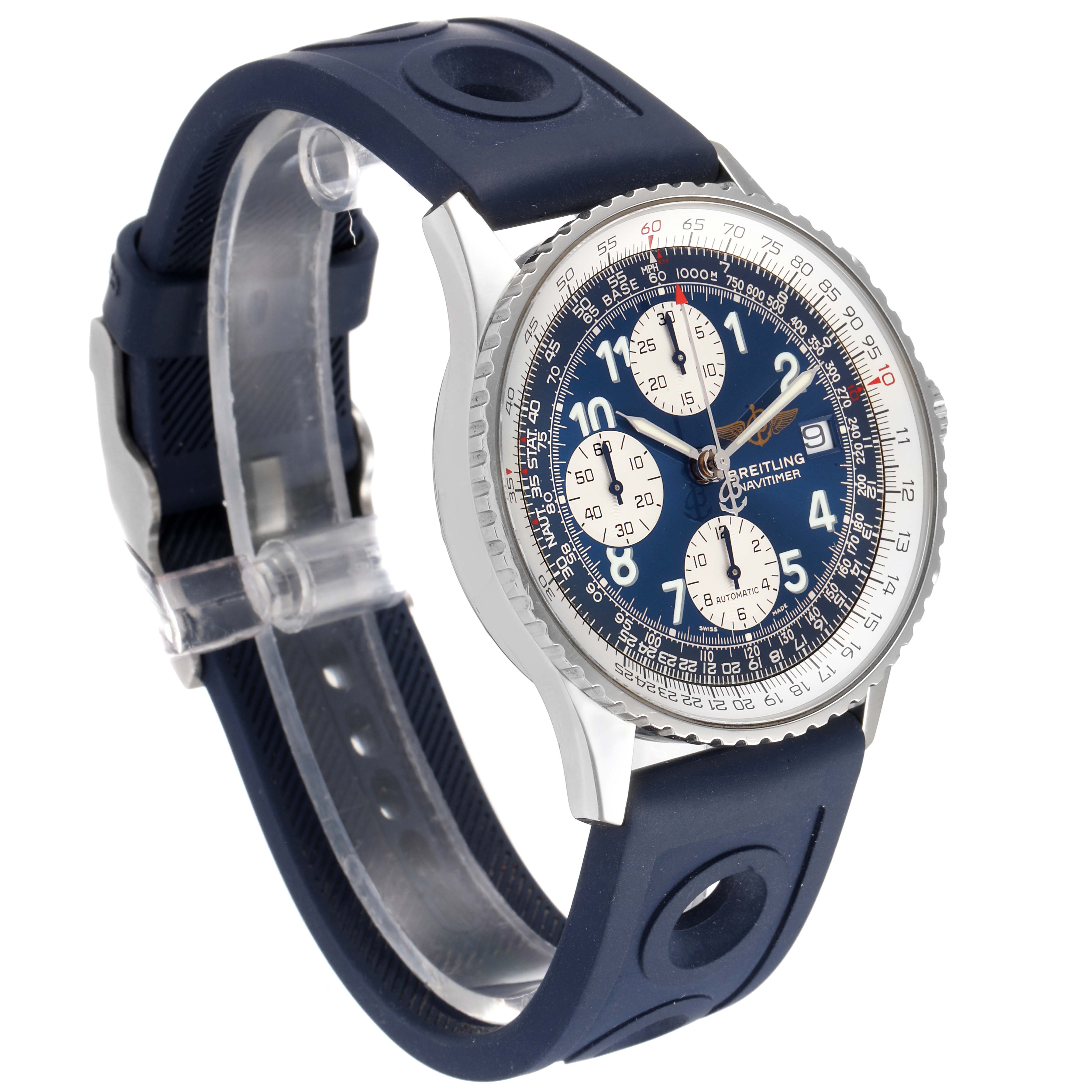 This image shows a Breitling Navitimer A13322 Men's Stainless Steel Blue Dial A13322 Men's Stainless Steel Blue Dial watch at a 3/4 angle, highlighting its face and blue strap.