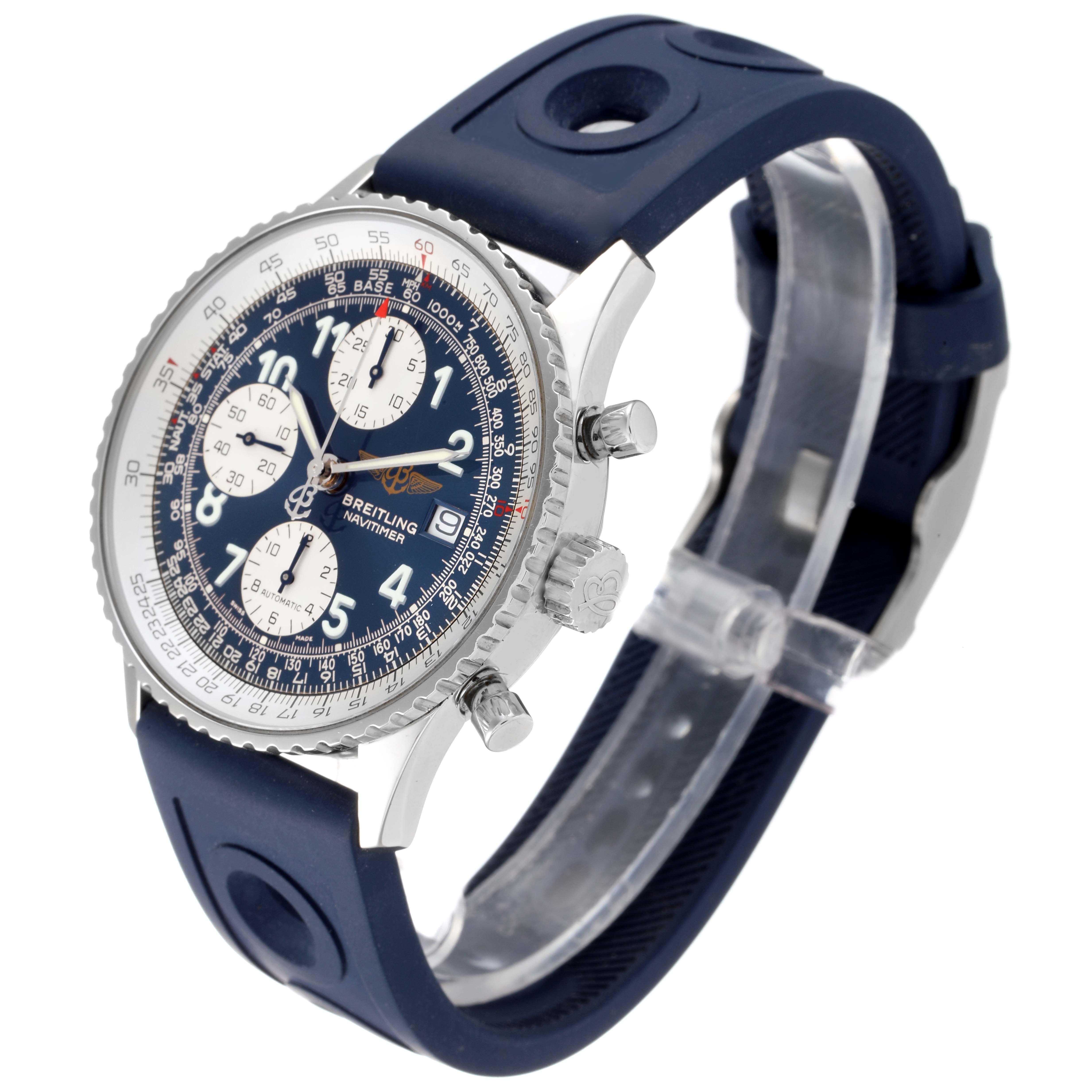 The image shows a Breitling Navitimer A13322 Men's Stainless Steel Blue Dial A13322 Men's Stainless Steel Blue Dial watch at a three-quarter angled view, highlighting its dial, bezel, chronograph pushers, and rubber strap.