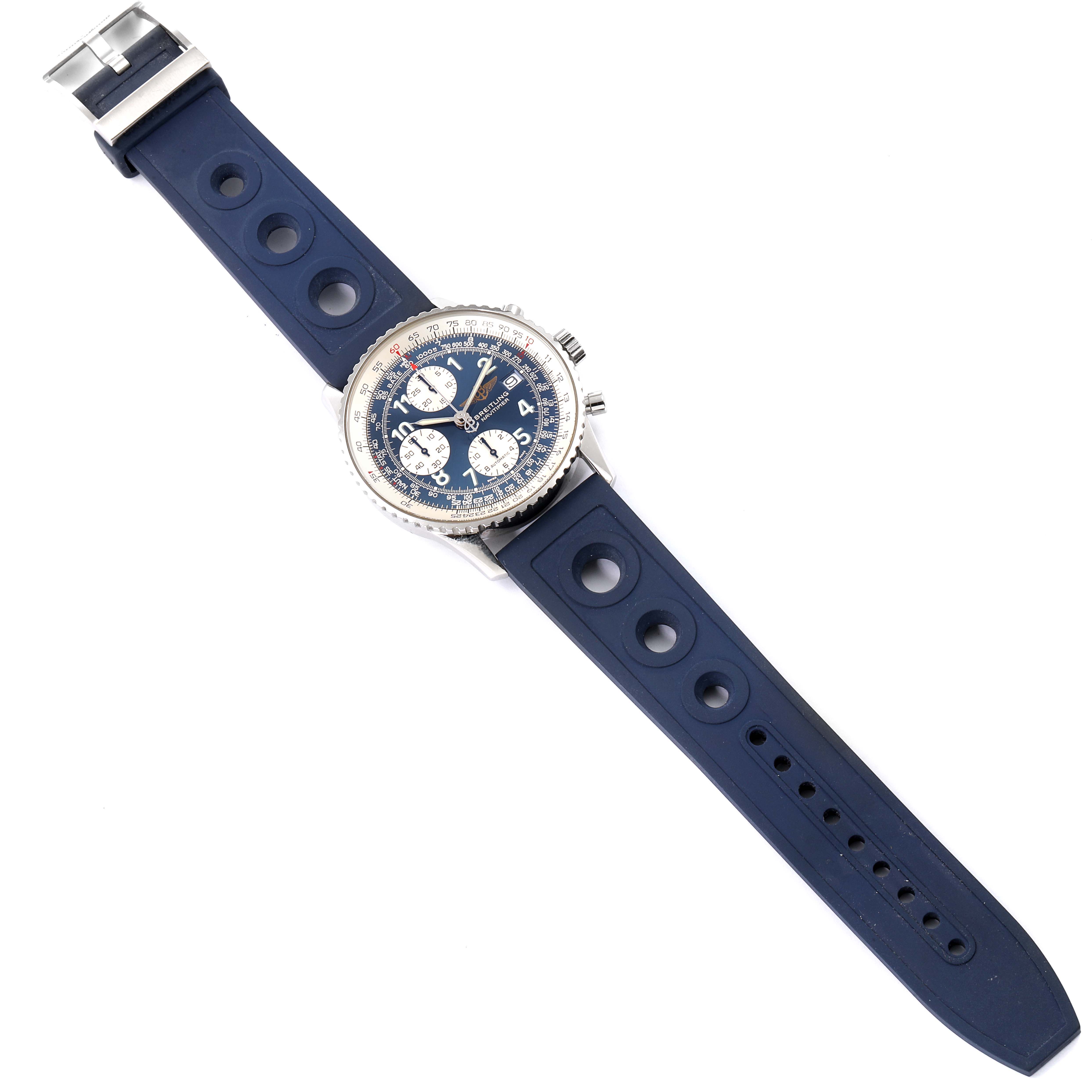 The image shows a Breitling Navitimer A13322 Men's Stainless Steel Blue Dial A13322 Men's Stainless Steel Blue Dial watch laid flat, displaying the front face with a blue strap and silver buckle.