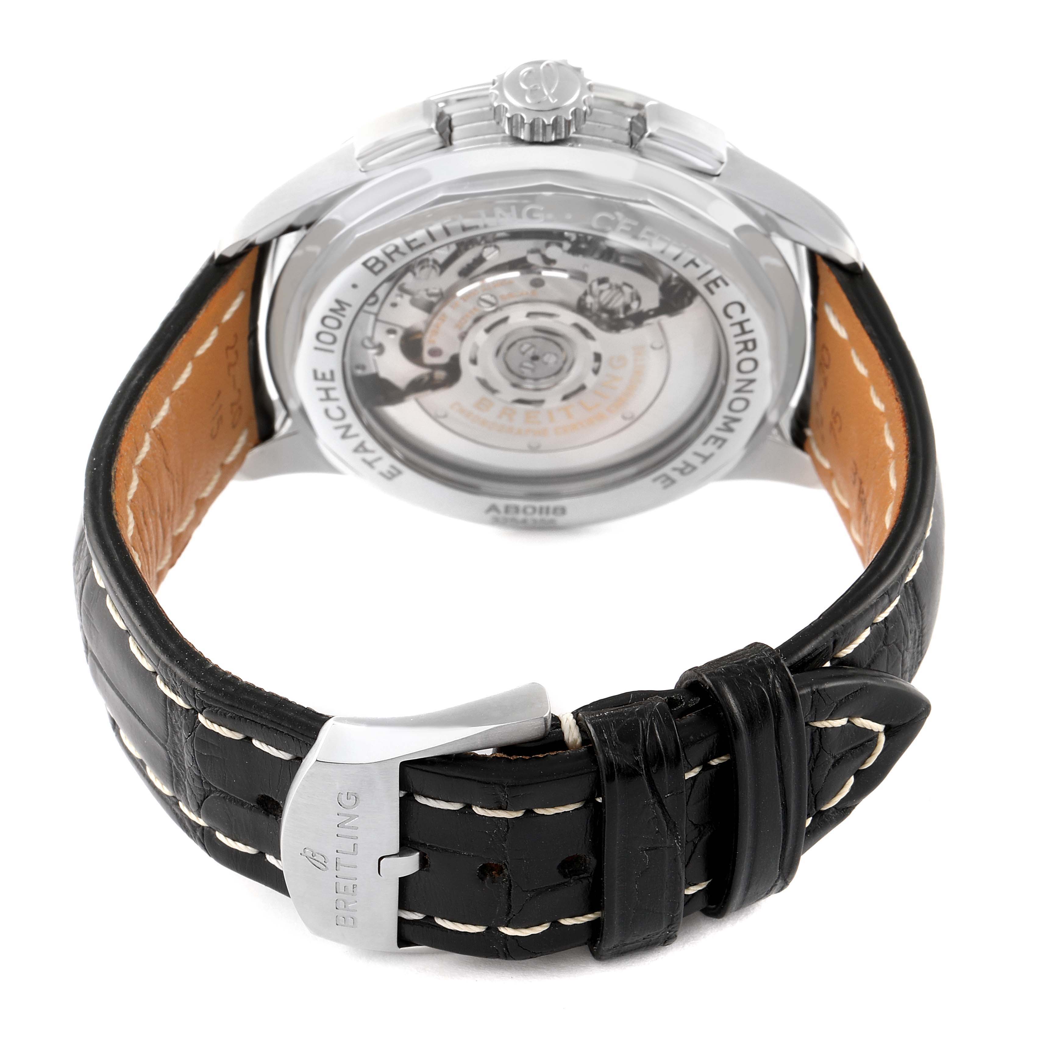 This image shows the back view of the Premier model by Breitling, highlighting its transparent case back and black leather strap.