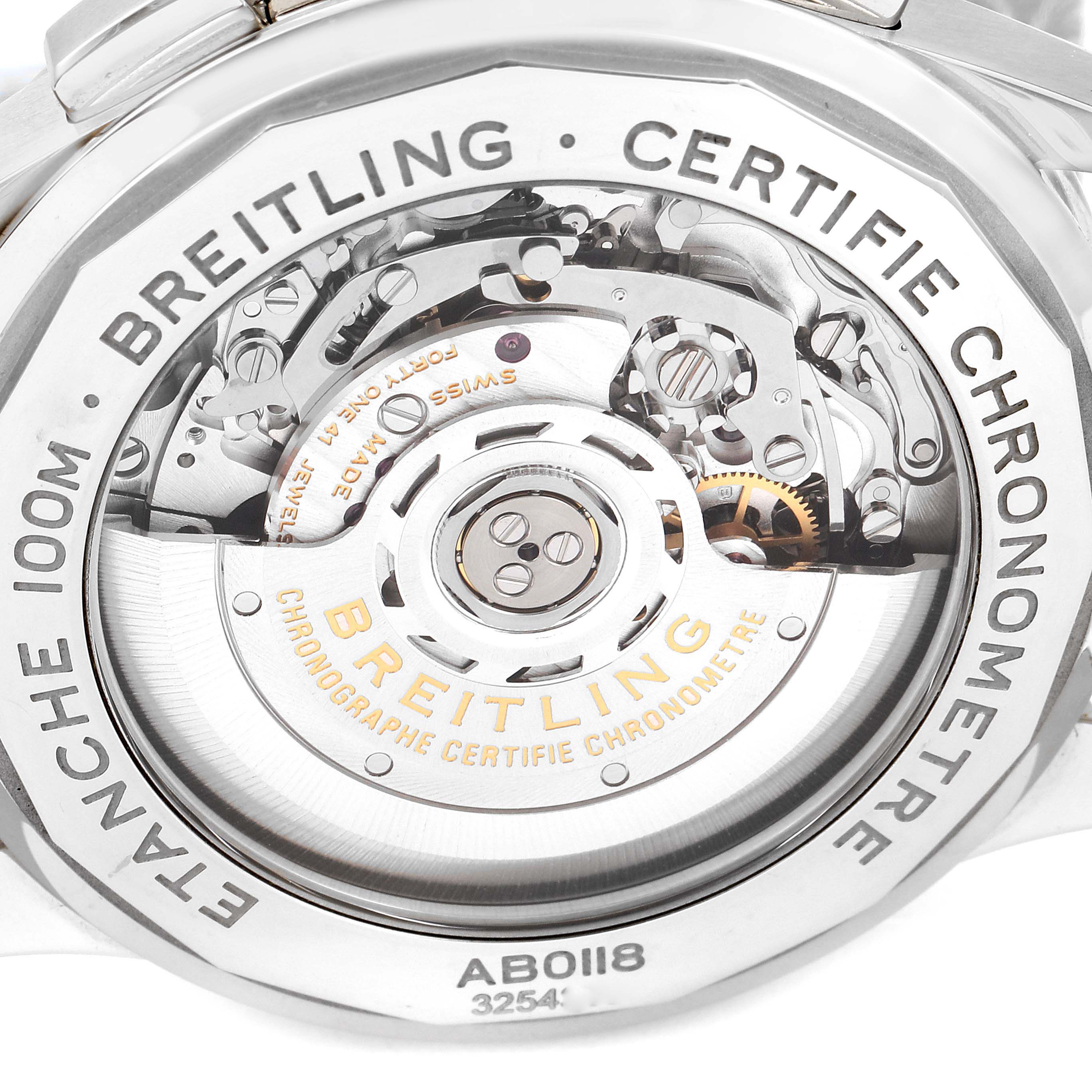 This image shows the back case of a Breitling Premier AB0118 Men's Stainless Steel Blue Dial AB0118 Men's Stainless Steel Blue Dial model watch, revealing its intricate movement mechanism.